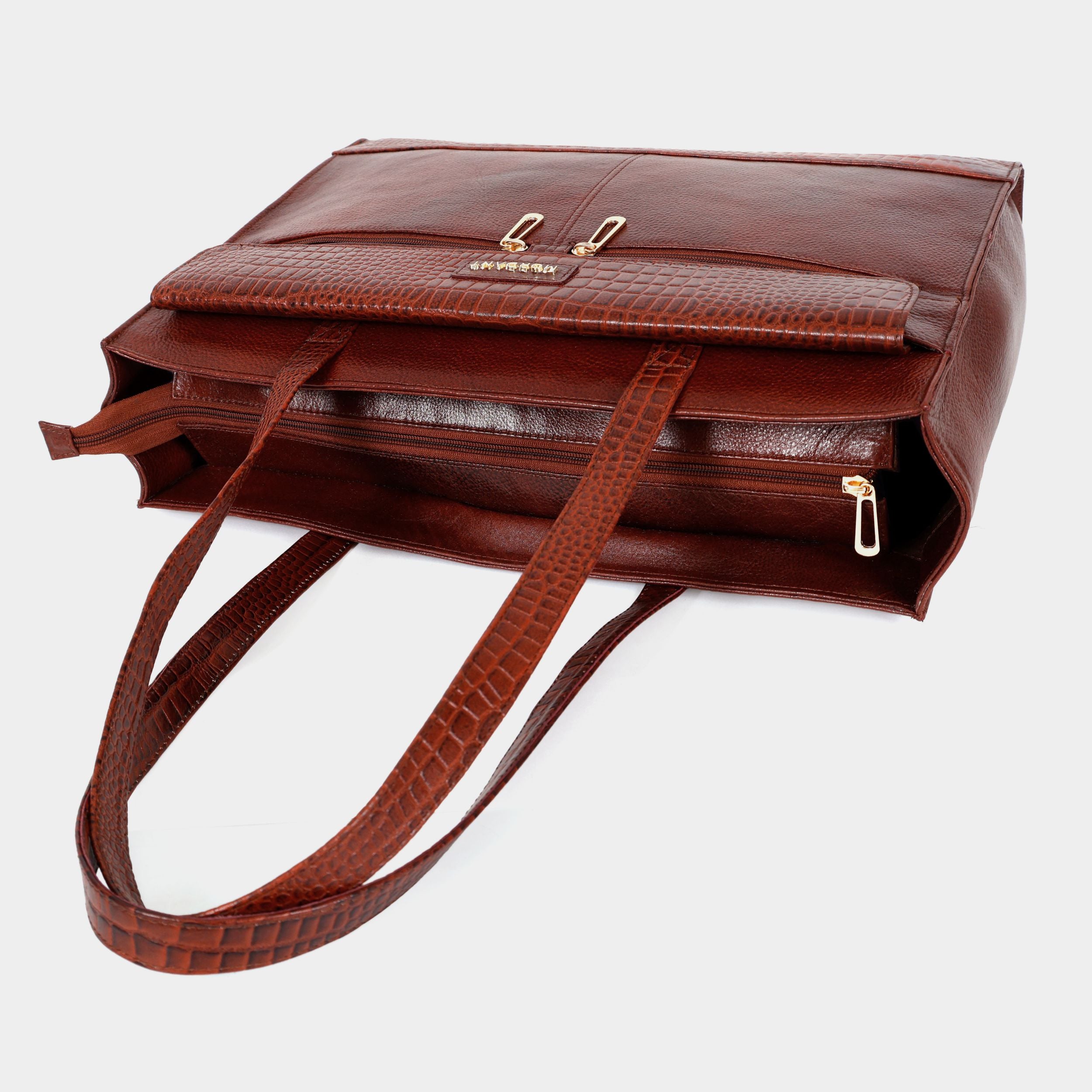 Premium Brown Genuine Leather Laptop Tote Bag for Women | Elegant Croc-Textured Work Handbag | Mordant