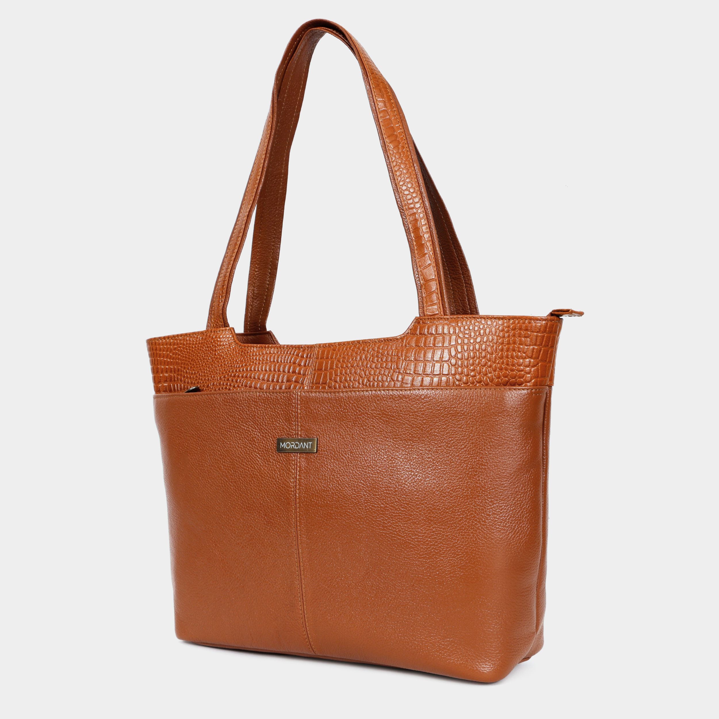 Premium Tan Office Genuine Leather Laptop Tote Bag for Women |  MORDANT