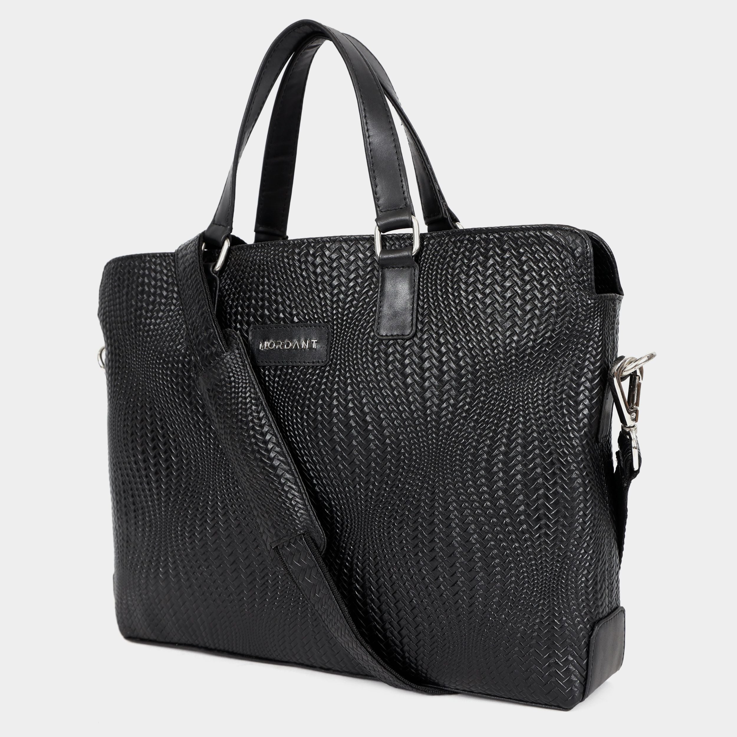 Genuine Leather high end Woven Office Laptop Bag Black MORDANT