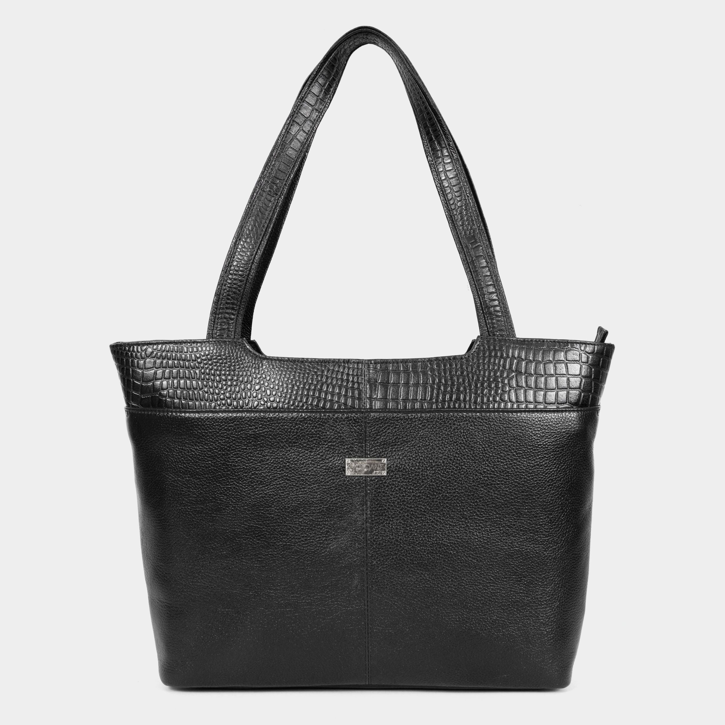 Mordant Black Premium Genuine Leather Laptop Tote Bag (Grain & Croc-Print)