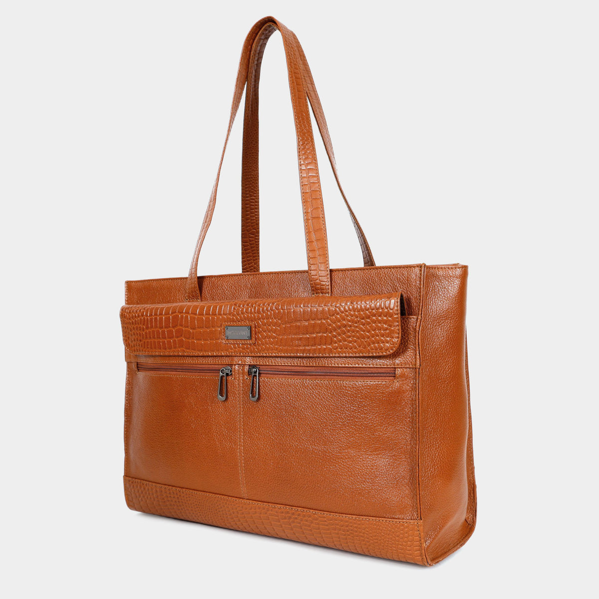 Premium Tan Genuine Leather Laptop Tote Bag for Women | Elegant Croc-Textured Work Handbag | Mordant g