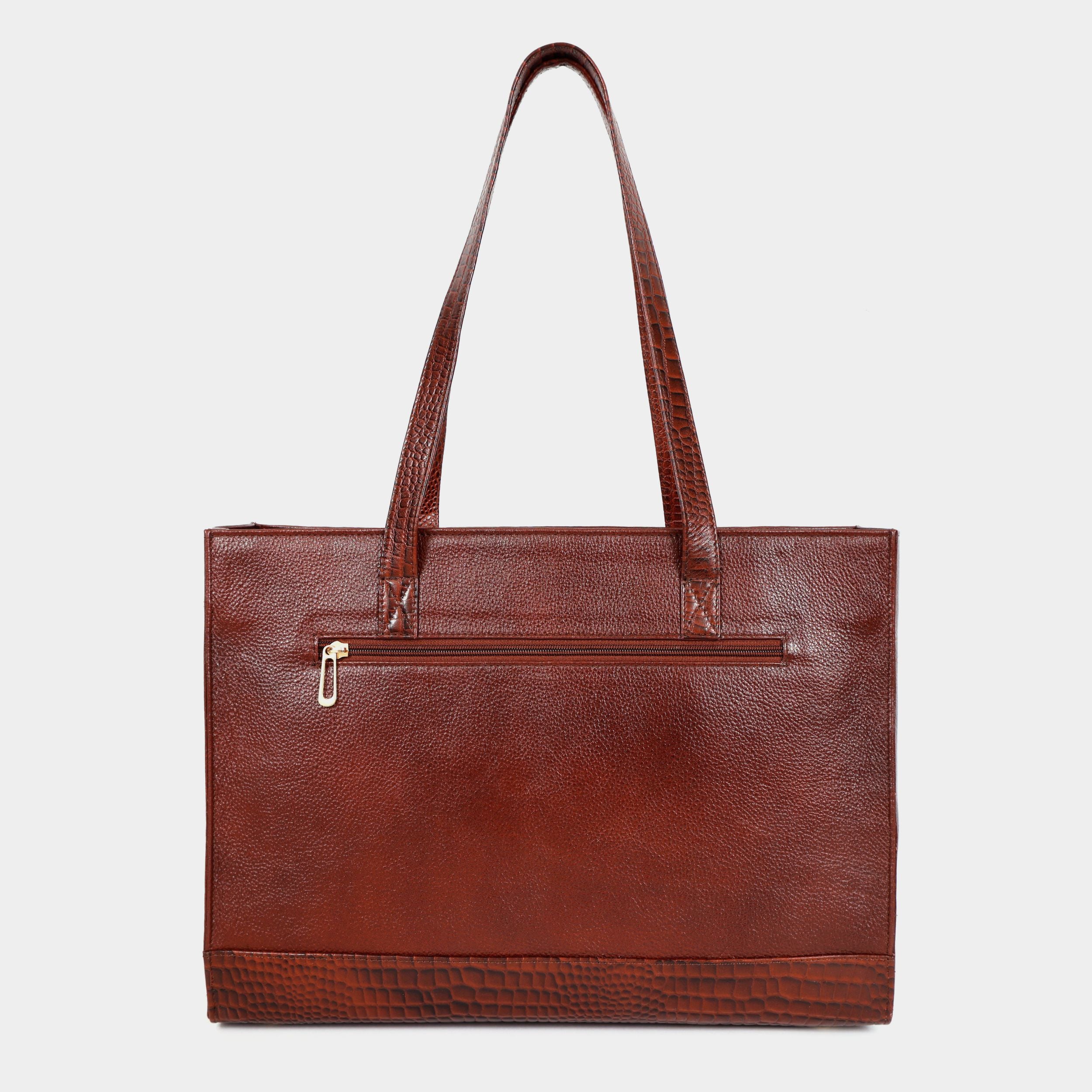 Premium Brown Genuine Leather Laptop Tote Bag for Women | Elegant Croc-Textured Work Handbag | Mordant