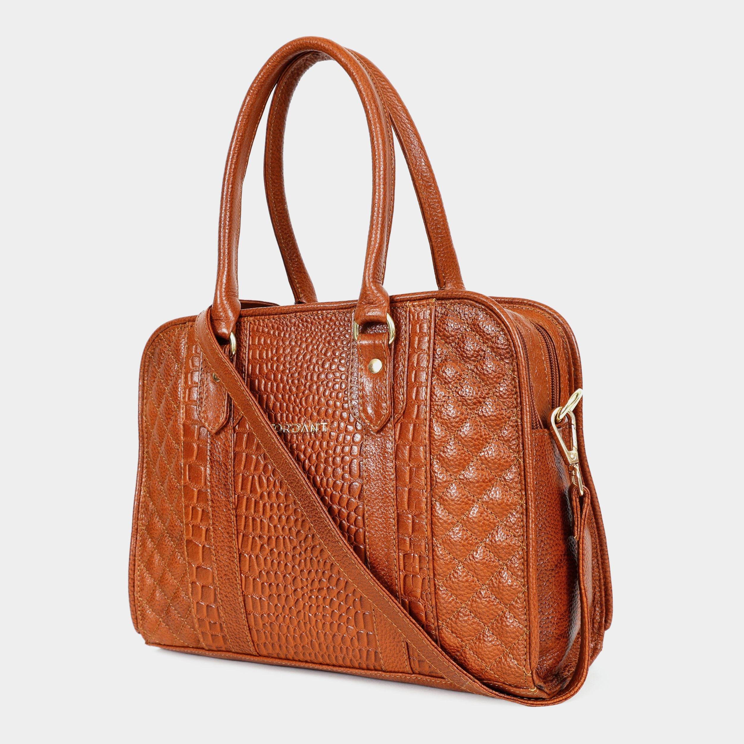 Mordant Tan Executive Genuine Leather Women's Satchel Handbag – Croc & Quilt Edition