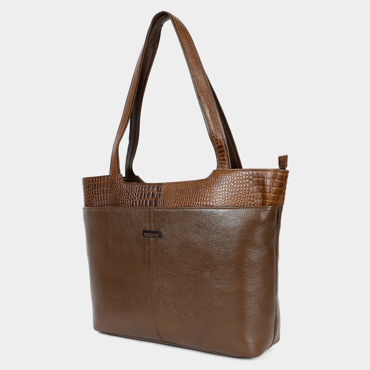 Mordant Walnut Brown Premium Genuine Leather Laptop Tote Bag (Grain & Croc-Print)
