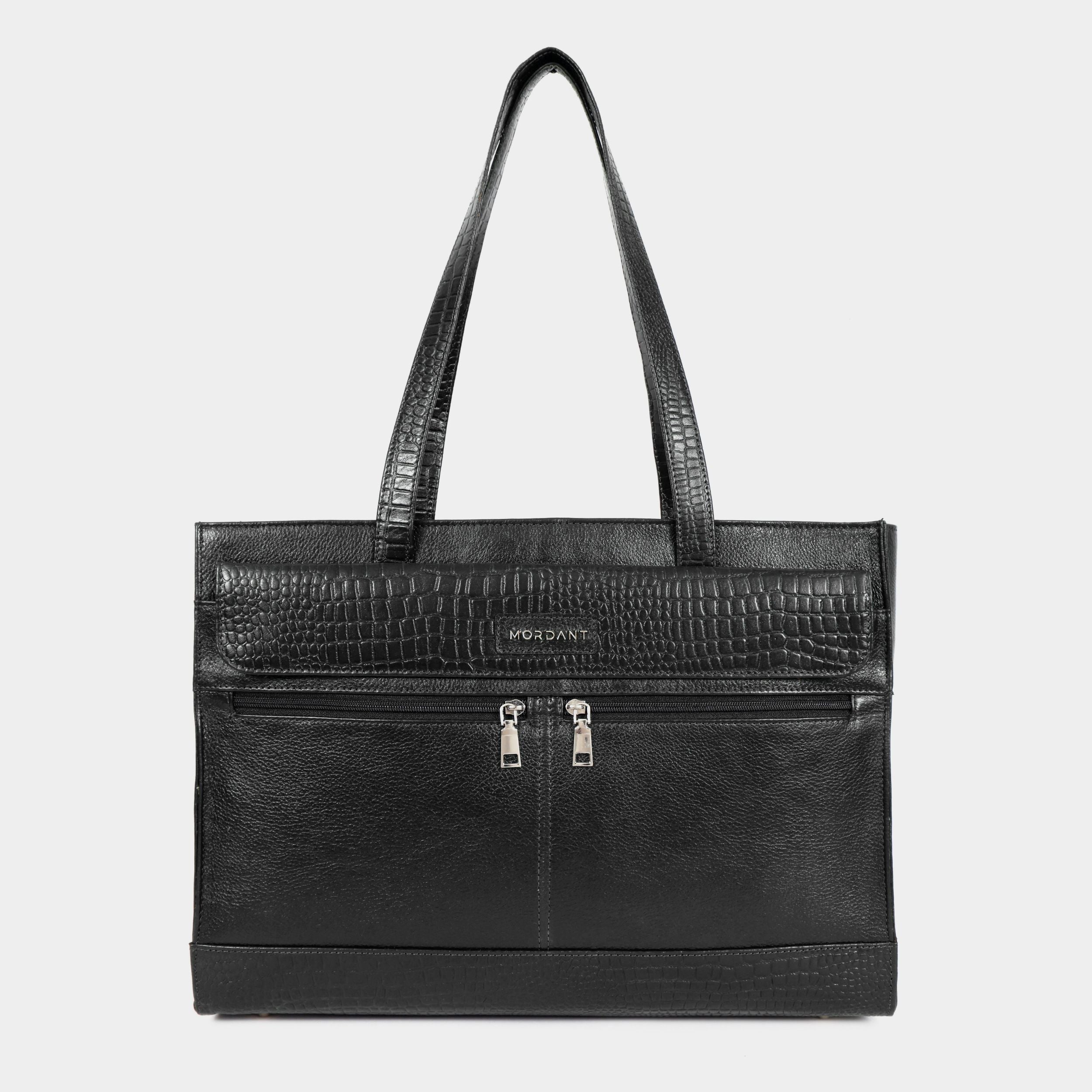 Premium Black Genuine Leather Laptop Tote Bag for Women | Elegant Croc-Textured Work Handbag | Mordant