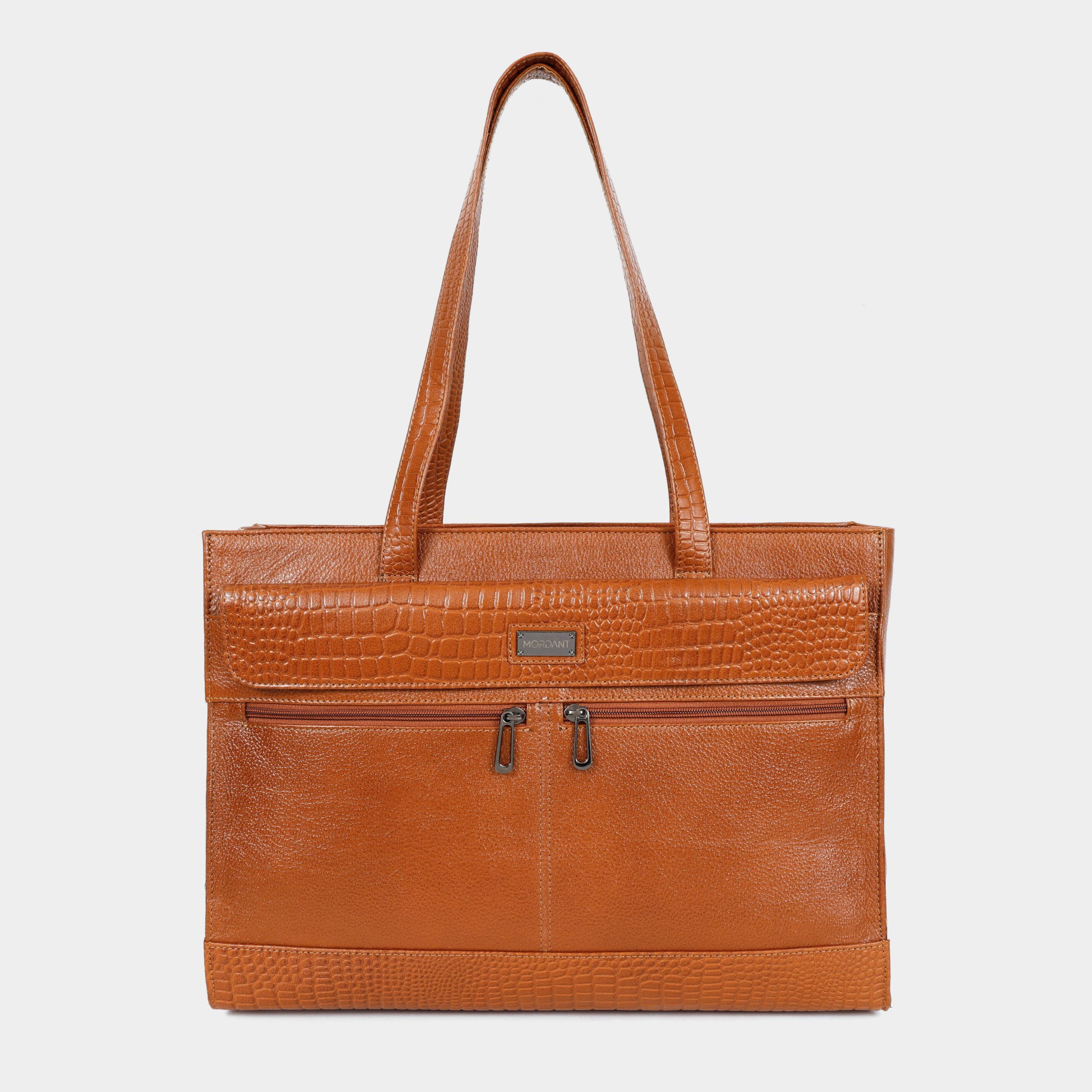 Premium Tan Genuine Leather Laptop Tote Bag for Women | Elegant Croc-Textured Work Handbag | Mordant g