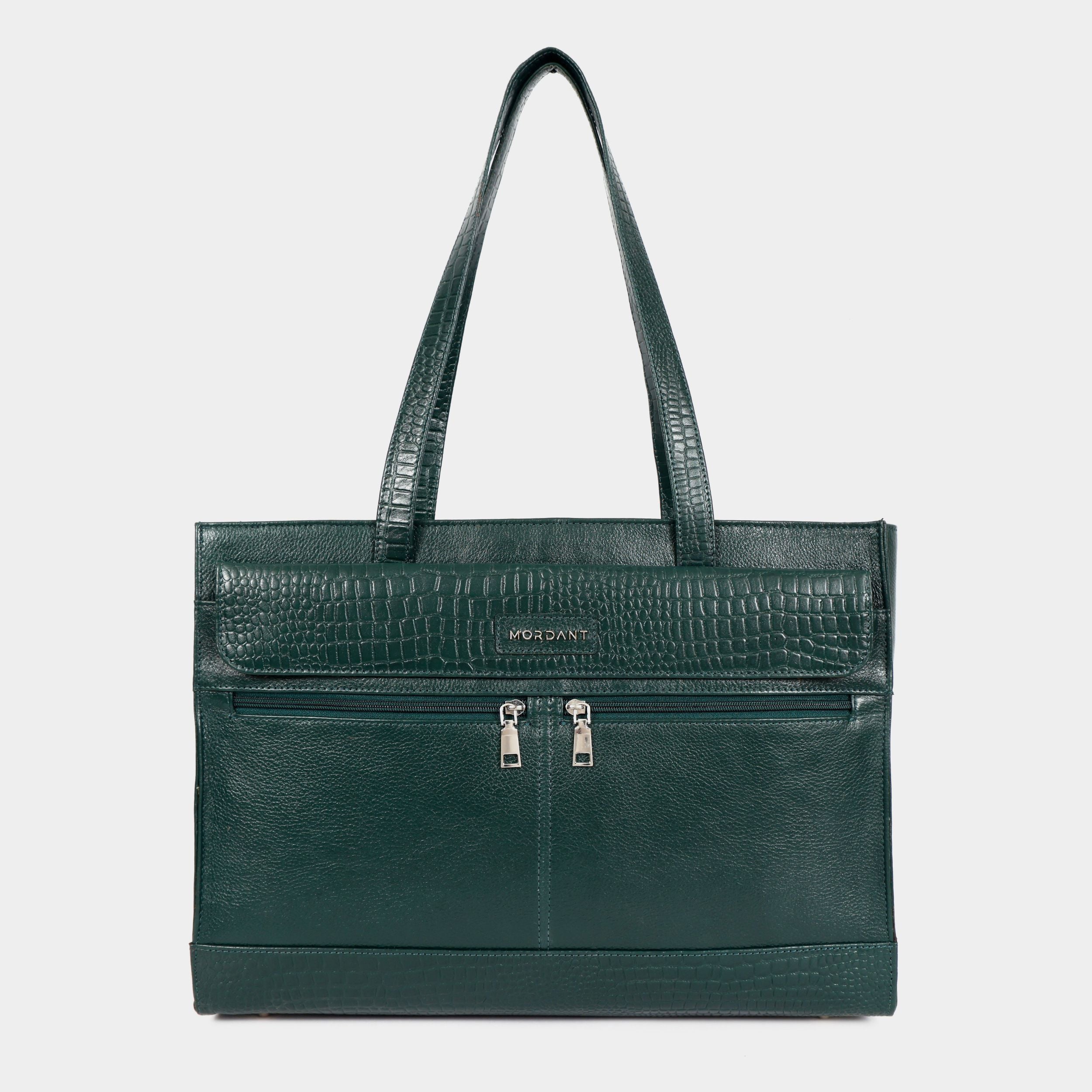 Premium Green Genuine Leather Laptop Tote Bag for Women | Elegant Croc-Textured Work Handbag |Mordant