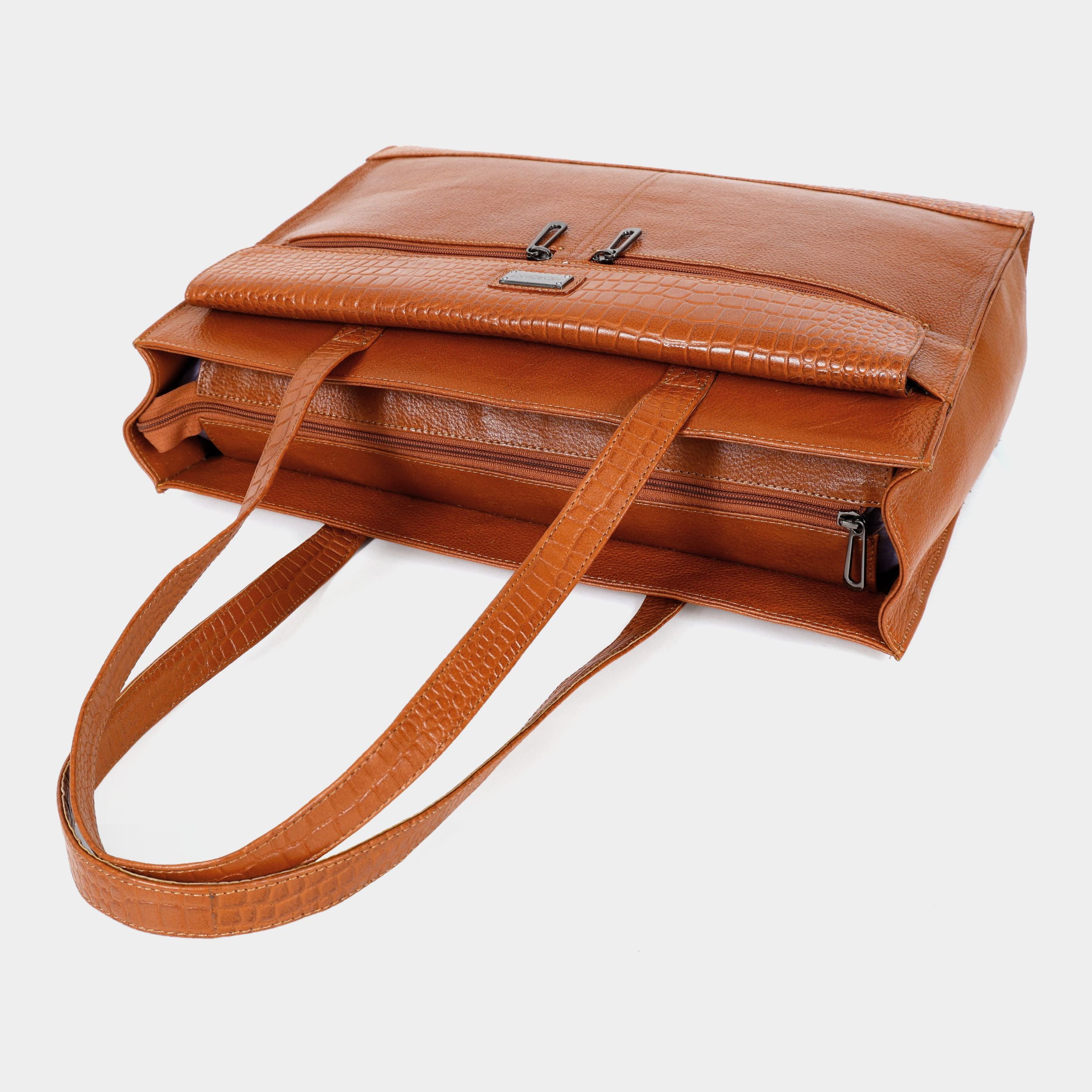 Premium Tan Genuine Leather Laptop Tote Bag for Women | Elegant Croc-Textured Work Handbag | Mordant g