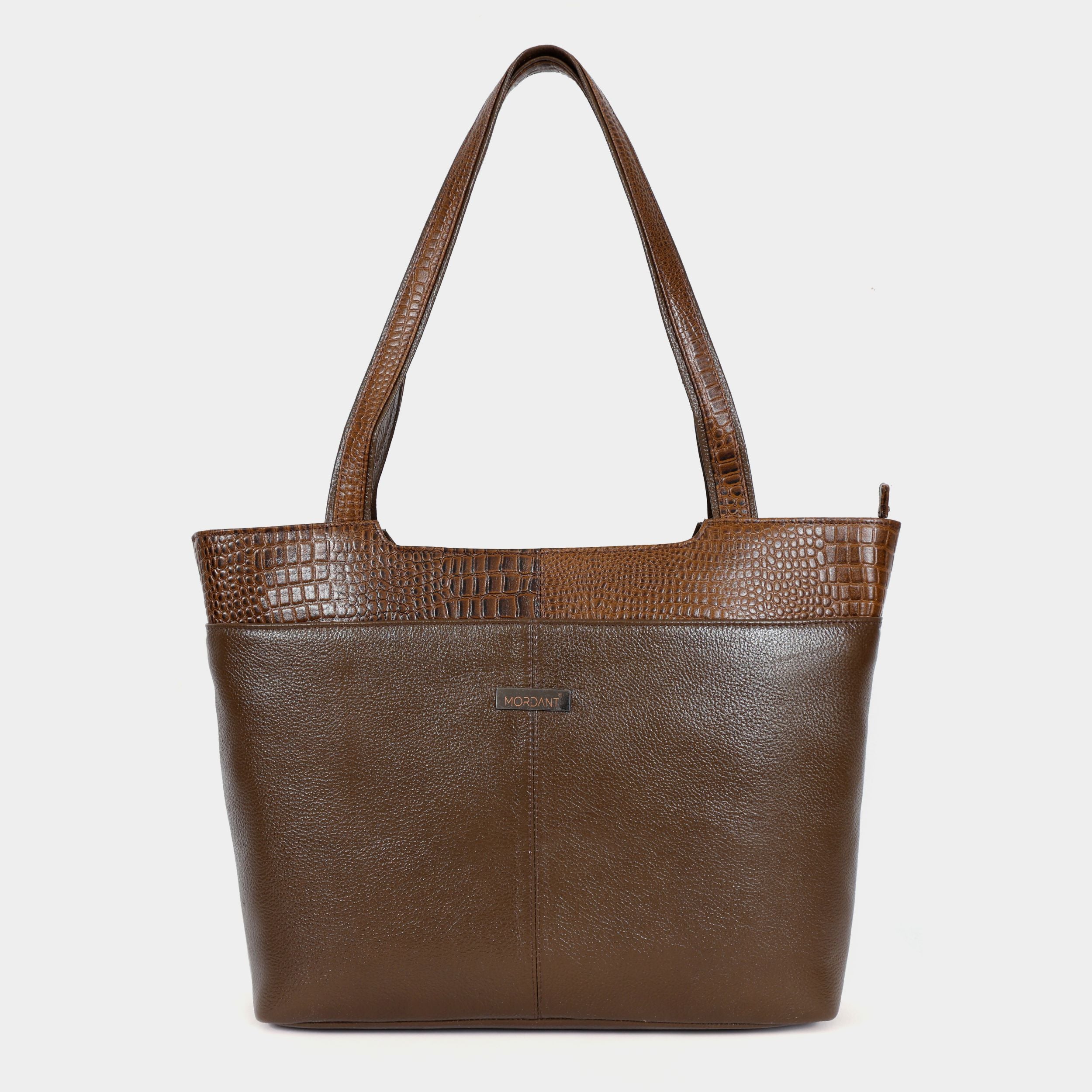 Mordant Walnut Brown Premium Genuine Leather Laptop Tote Bag (Grain & Croc-Print)