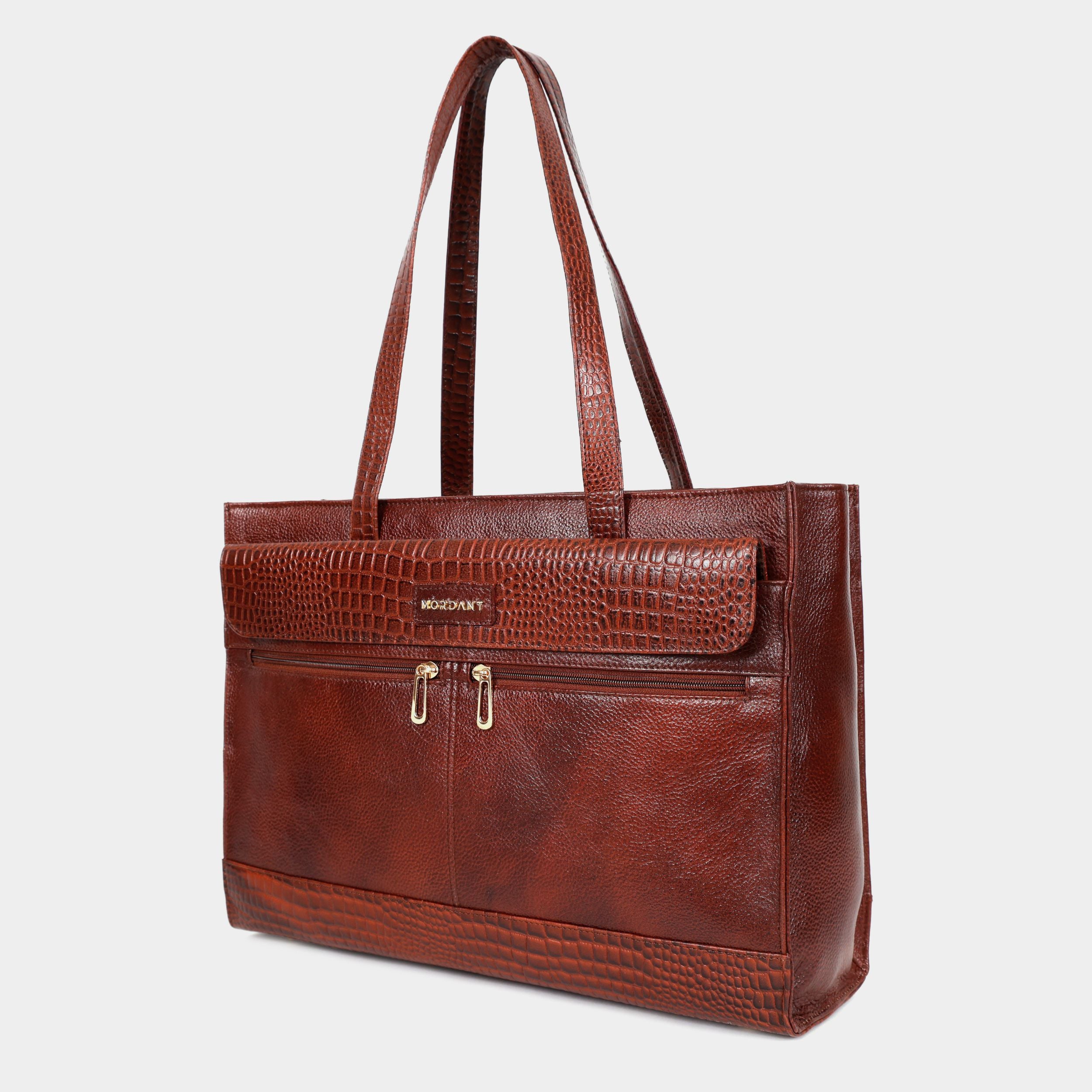 Premium Brown Genuine Leather Laptop Tote Bag for Women | Elegant Croc-Textured Work Handbag | Mordant