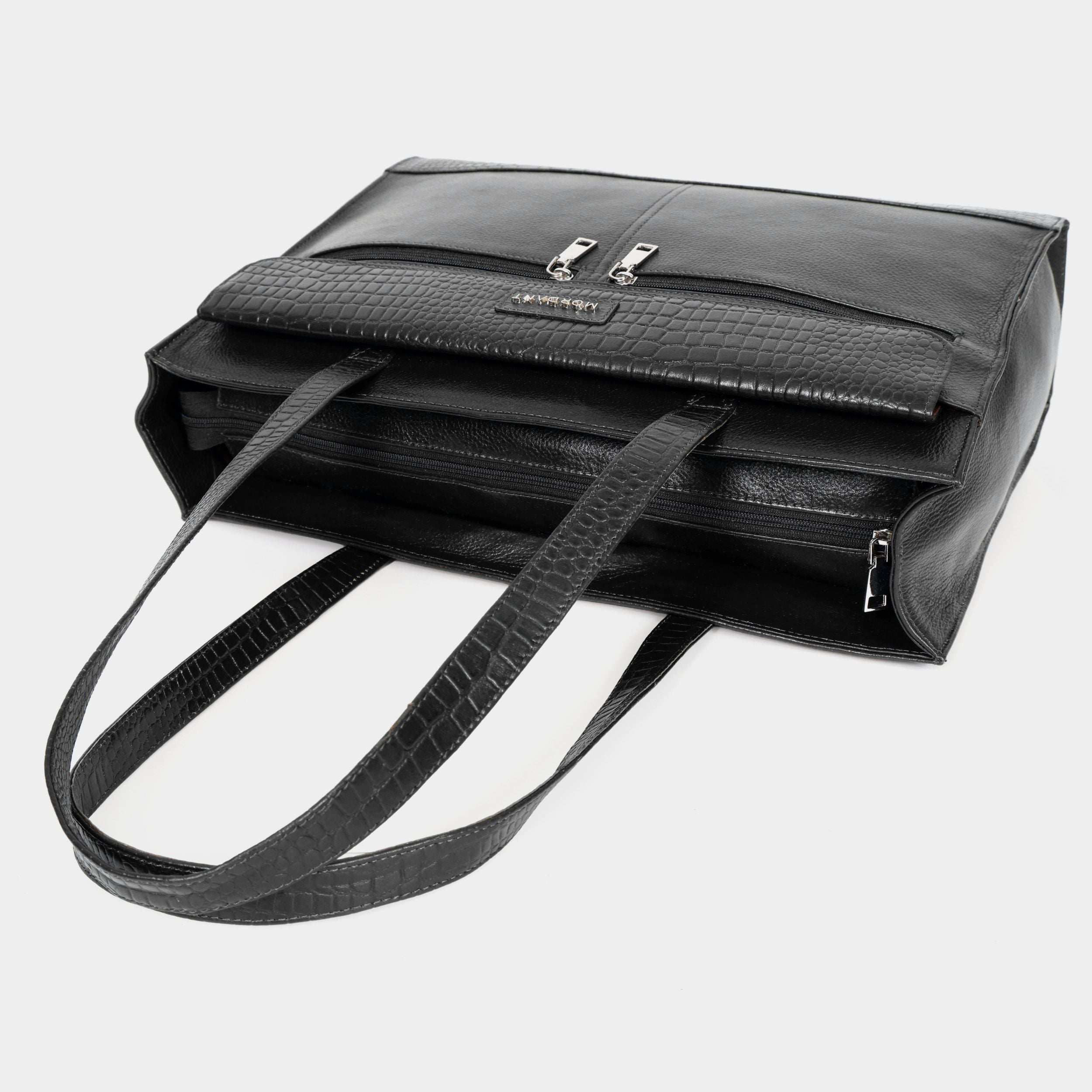 Premium Black Genuine Leather Laptop Tote Bag for Women | Elegant Croc-Textured Work Handbag | Mordant