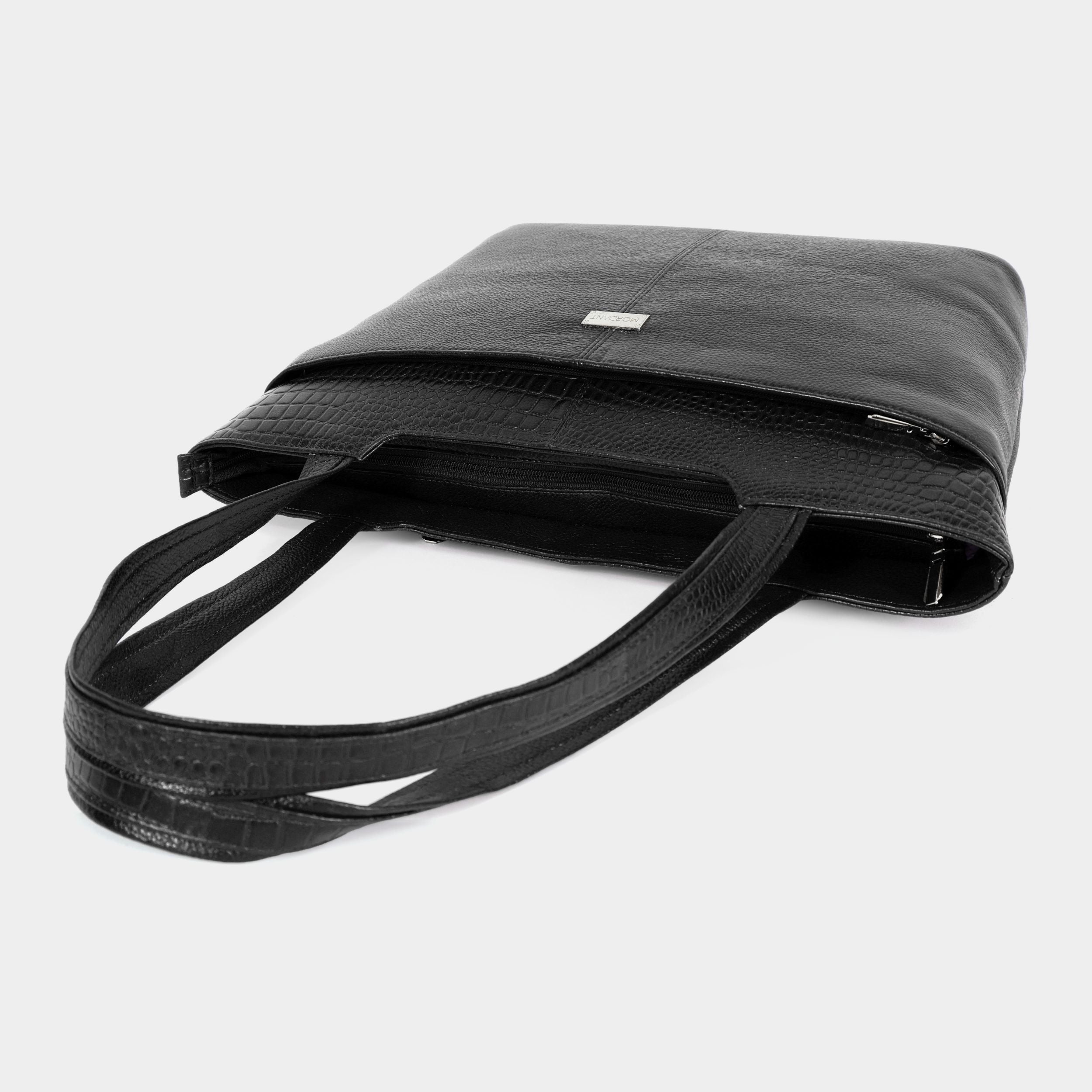 Mordant Black Premium Genuine Leather Laptop Tote Bag (Grain & Croc-Print)