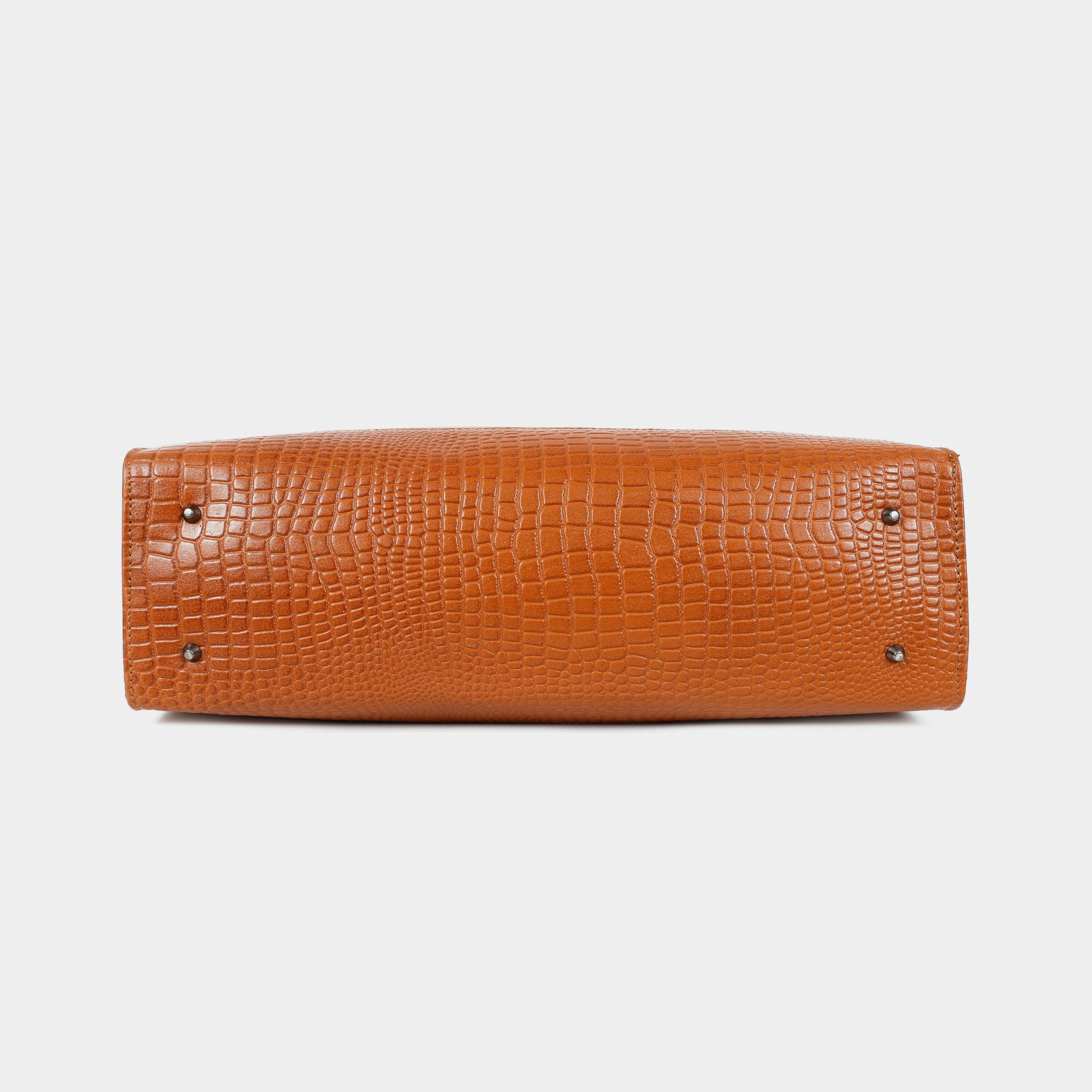 Premium Tan Genuine Leather Laptop Tote Bag for Women | Elegant Croc-Textured Work Handbag | Mordant g
