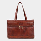 Premium Brown Genuine Leather Laptop Tote Bag for Women | Elegant Croc-Textured Work Handbag | Mordant