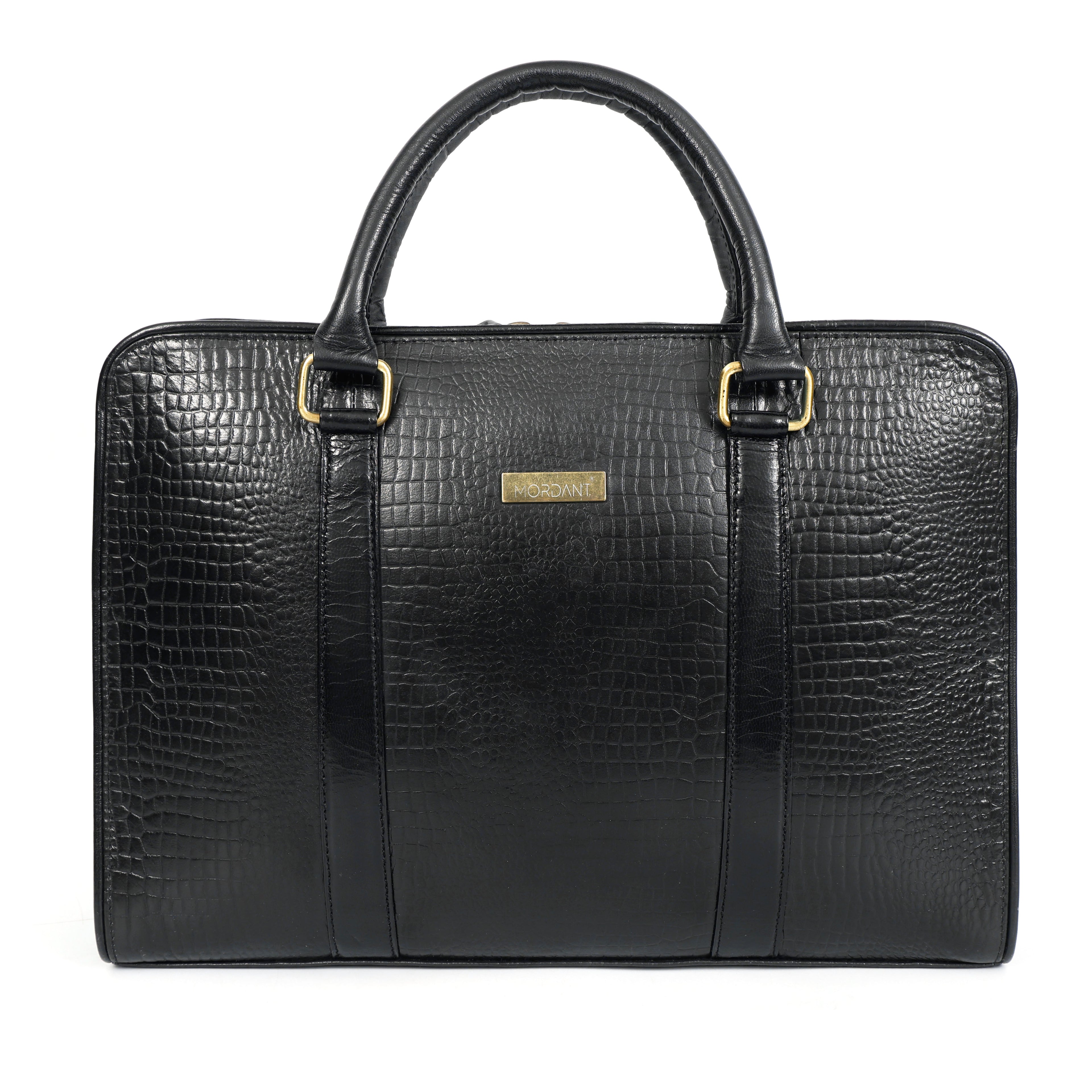 Black Crocodile-Patterned Leather Laptop Bag