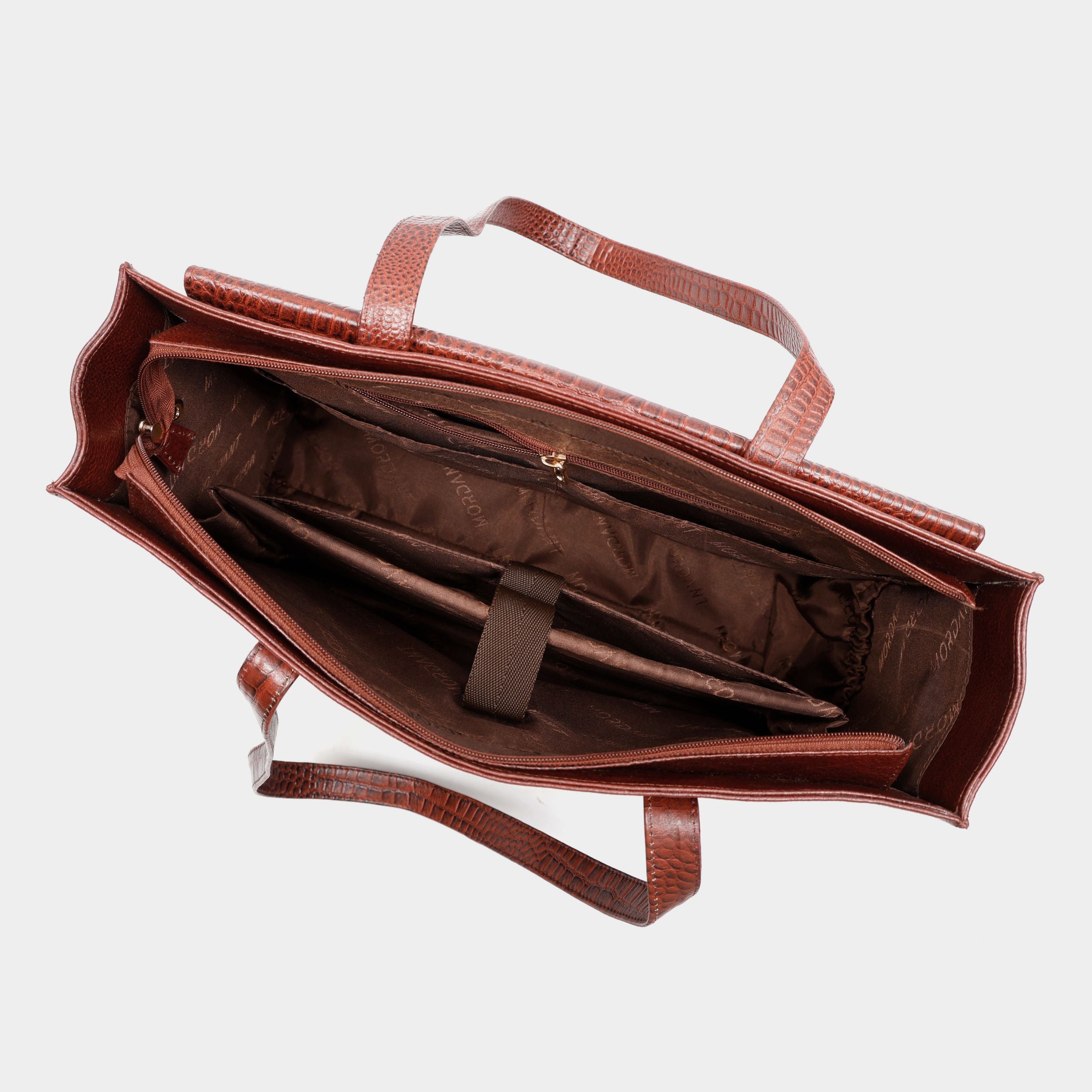 Premium Brown Genuine Leather Laptop Tote Bag for Women | Elegant Croc-Textured Work Handbag | Mordant