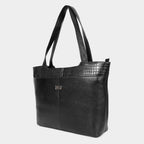 Mordant Black Premium Genuine Leather Laptop Tote Bag (Grain & Croc-Print)
