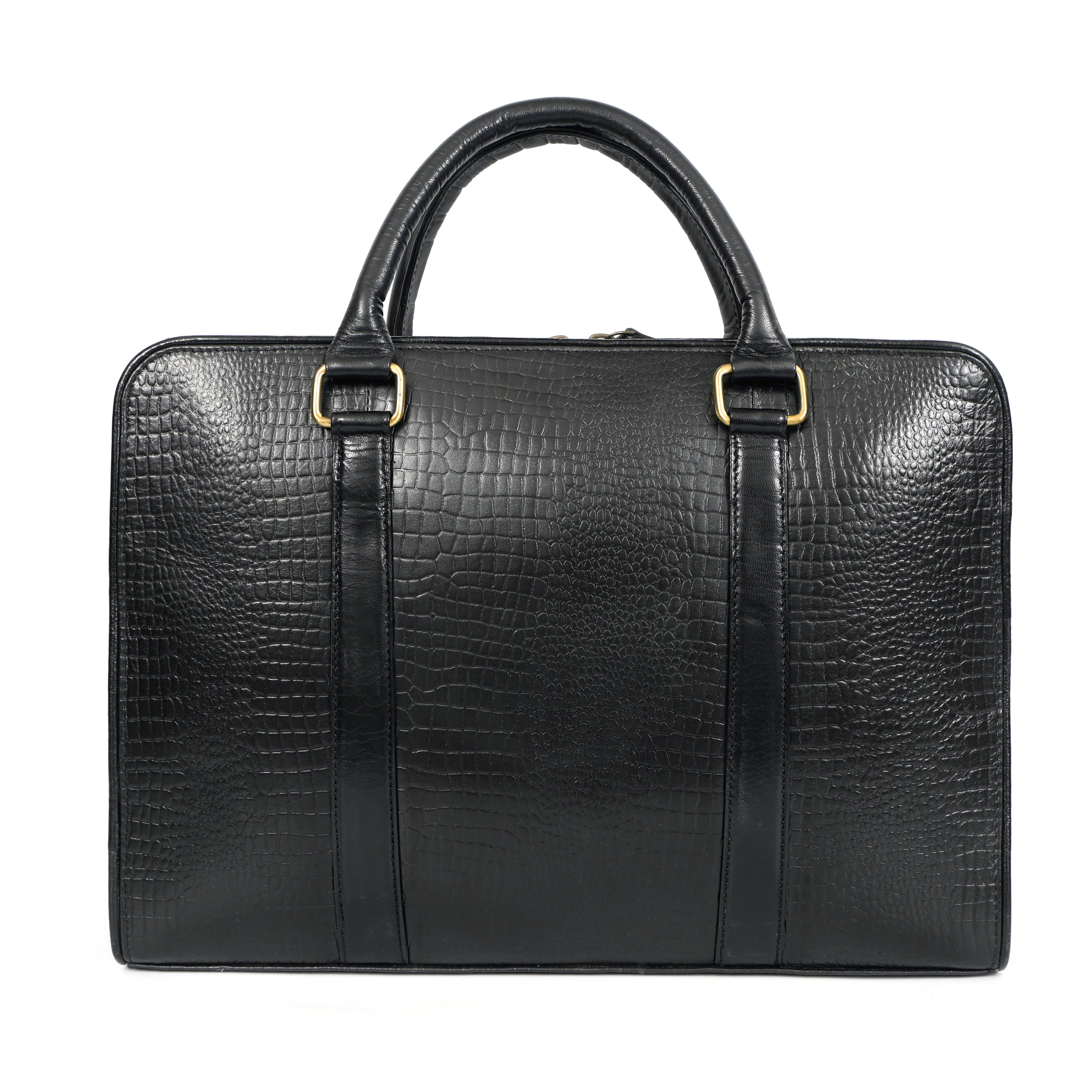 Black Crocodile-Patterned Leather Laptop Bag