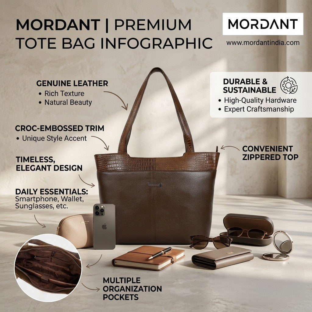Mordant Walnut Brown Premium Genuine Leather Laptop Tote Bag (Grain & Croc-Print)