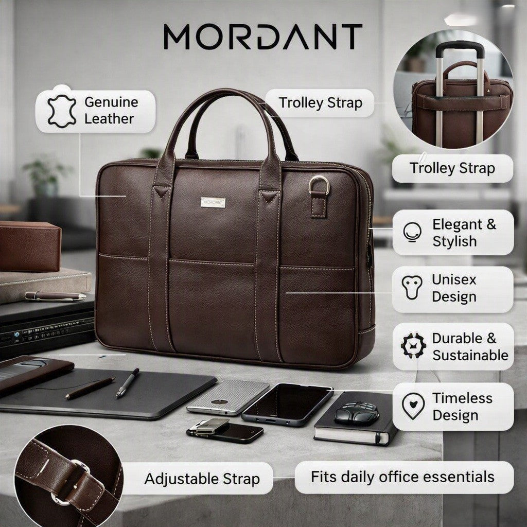 Mordant Coffee Brown Genuine Leather Business Laptop Bag for Men & Women