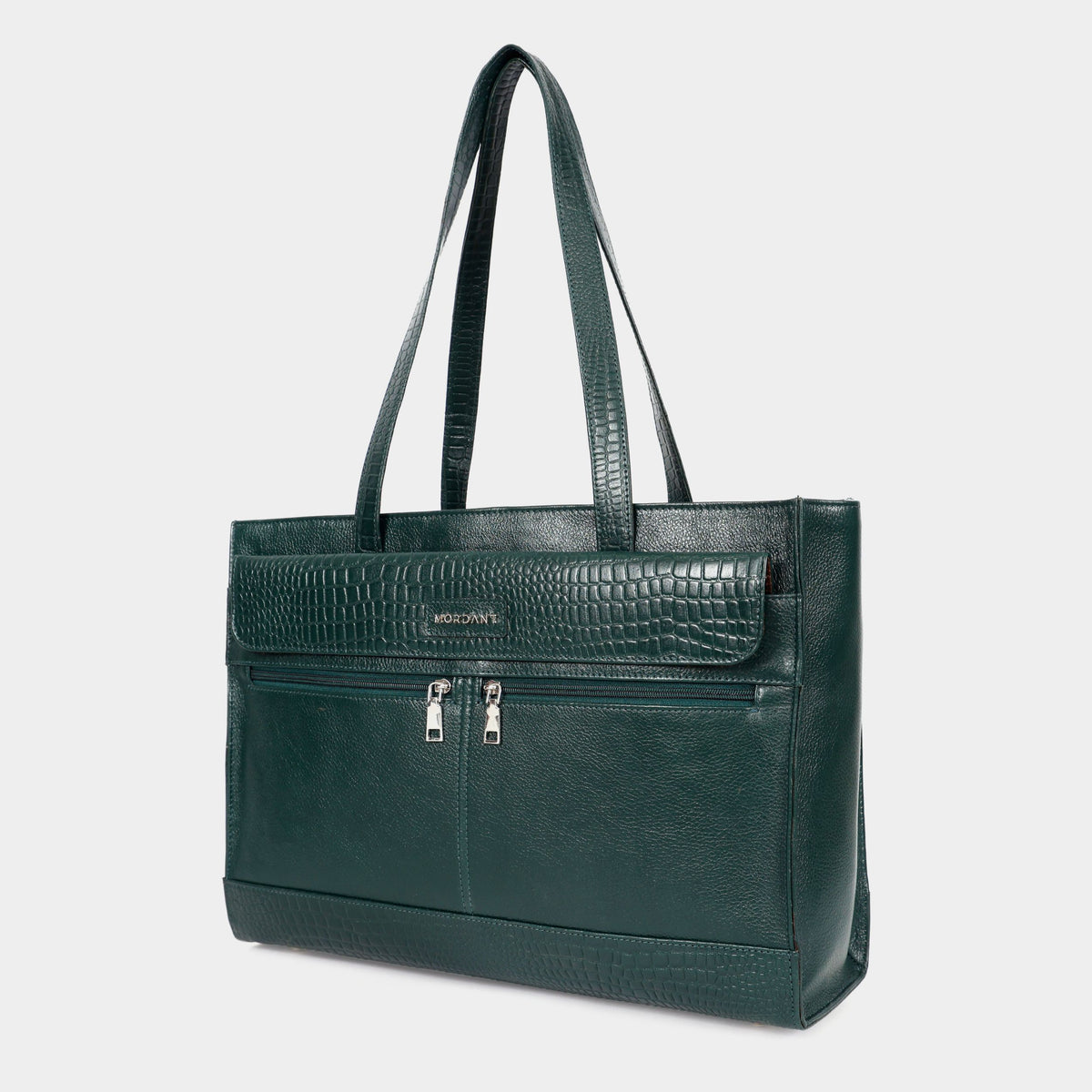 Premium Green Genuine Leather Laptop Tote Bag for Women | Elegant Croc-Textured Work Handbag |Mordant