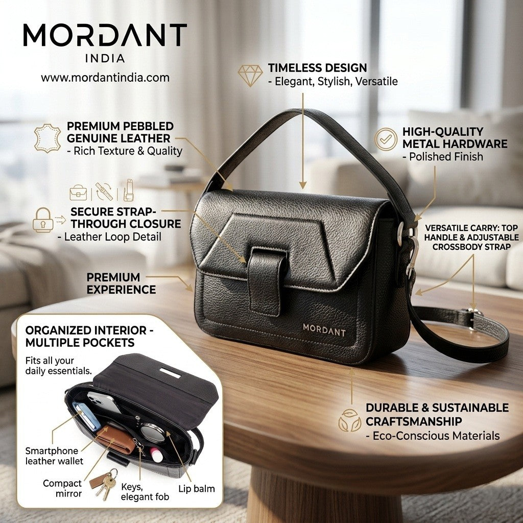 Mordant Black Genuine Leather Crossbody Bag | Luxury Women's Handbag