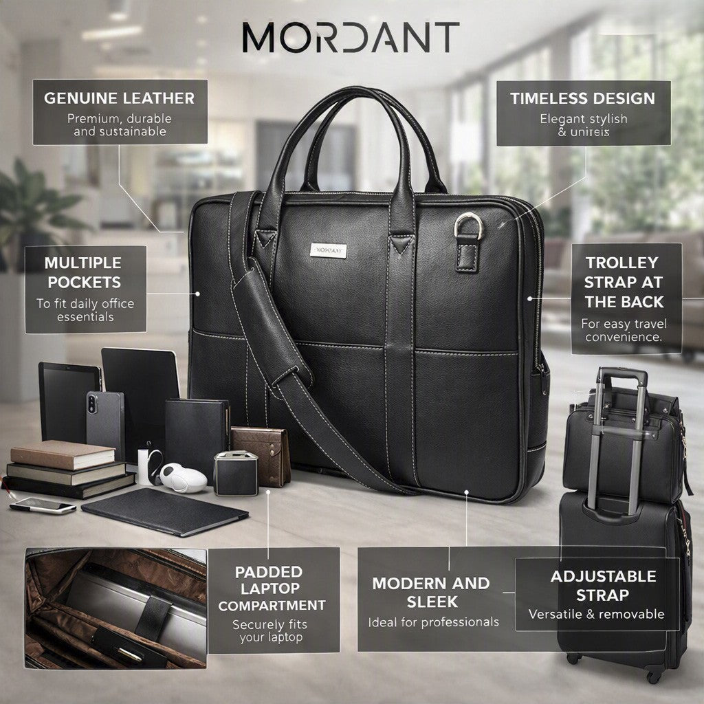 Mordant Black Genuine Leather Business Laptop Bag for Men & Women