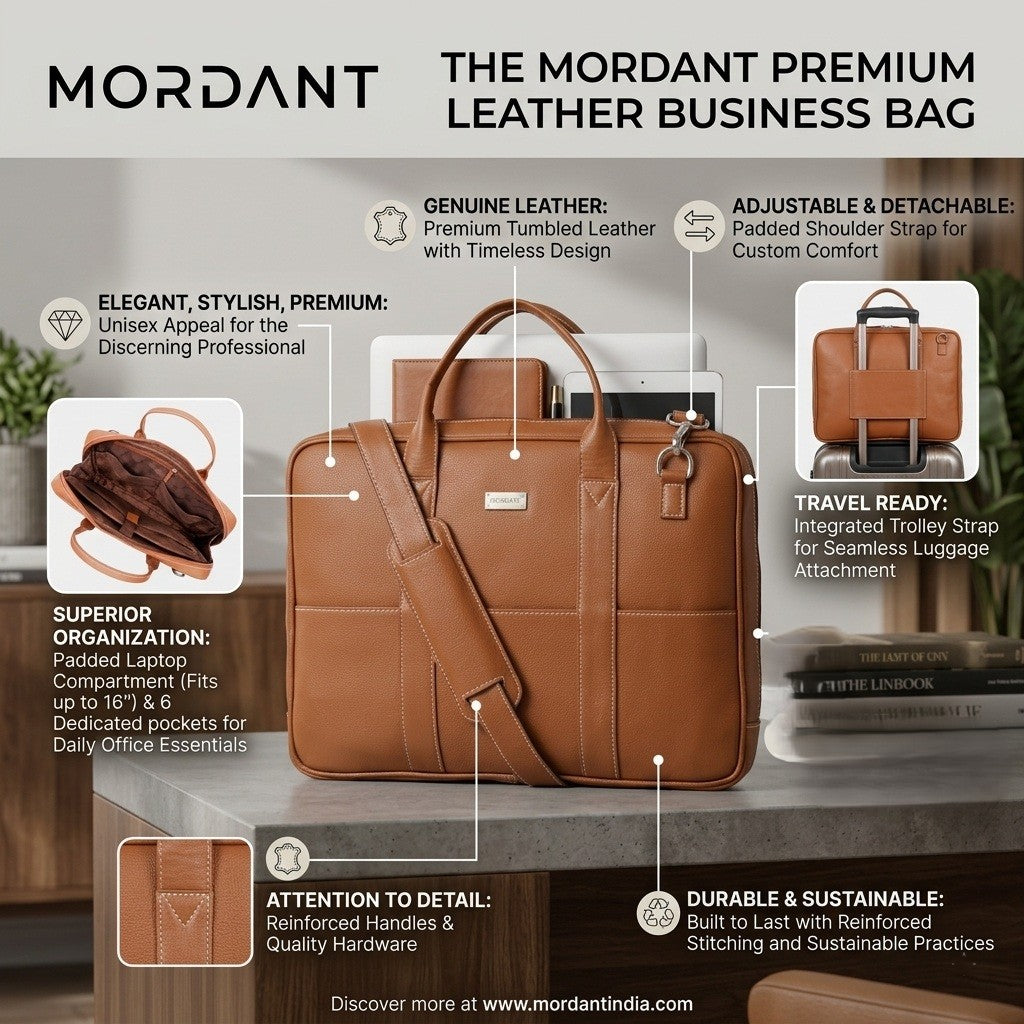 Mordant Tan Genuine Leather Business Laptop Bag for Men & Women