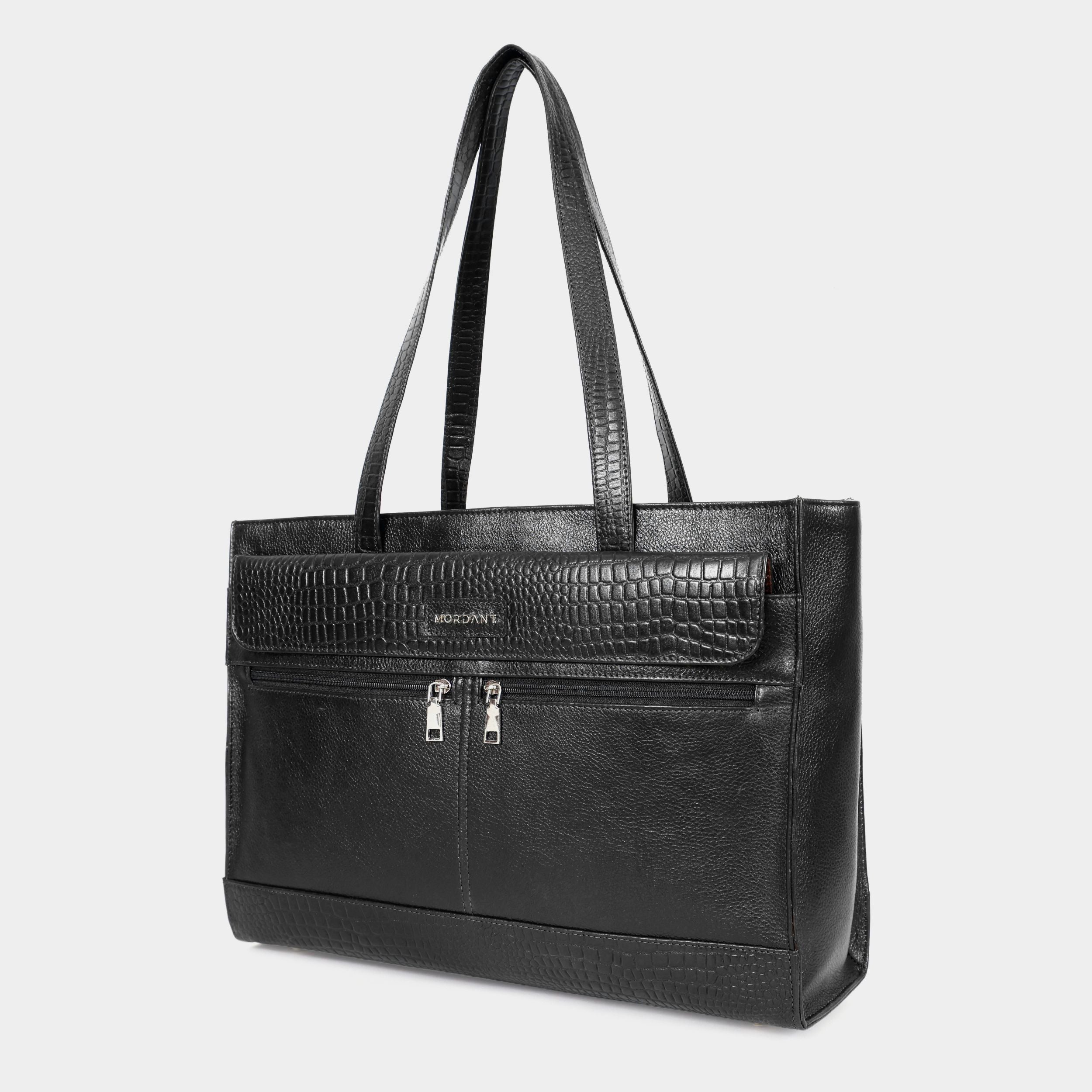 Premium Black Genuine Leather Laptop Tote Bag for Women | Elegant Croc-Textured Work Handbag | Mordant