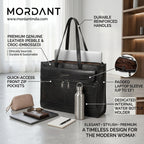 Premium Black Genuine Leather Laptop Tote Bag for Women | Elegant Croc-Textured Work Handbag | Mordant