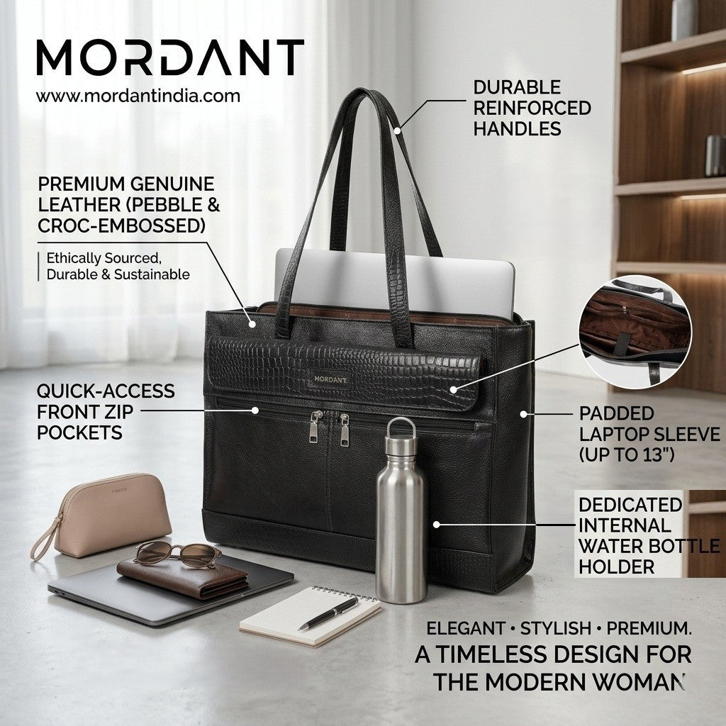 Premium Black Genuine Leather Laptop Tote Bag for Women | Elegant Croc-Textured Work Handbag | Mordant