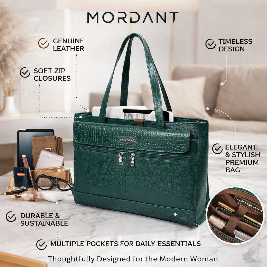 Premium Green Genuine Leather Laptop Tote Bag for Women | Elegant Croc-Textured Work Handbag |Mordant