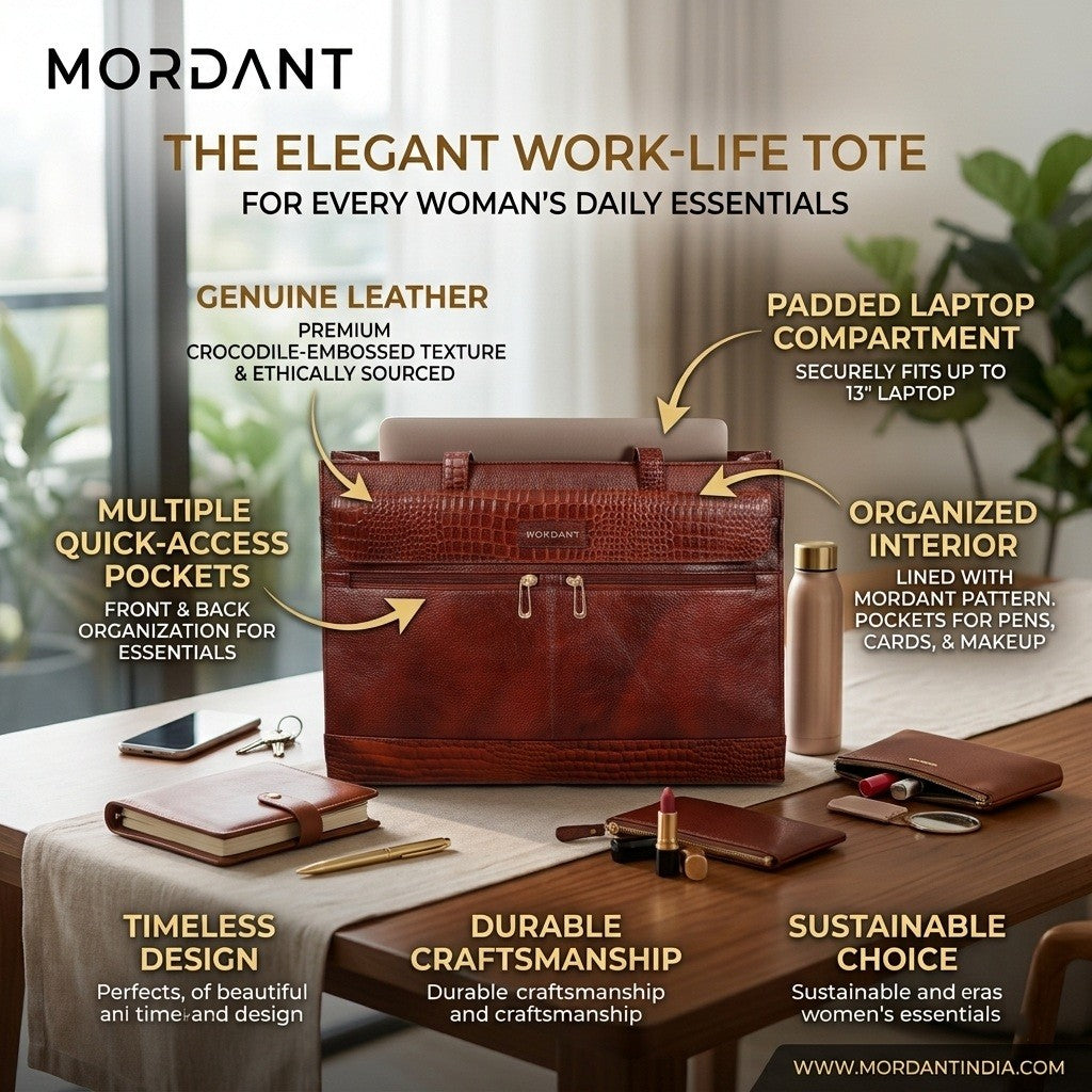 Premium Brown Genuine Leather Laptop Tote Bag for Women | Elegant Croc-Textured Work Handbag | Mordant
