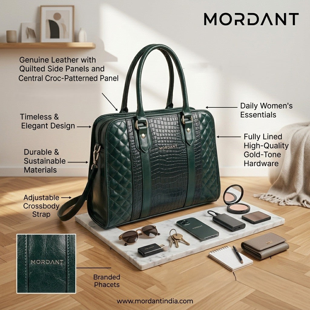 Mordant Green Executive Genuine Leather Women's Satchel Handbag – Croc & Quilt Edition