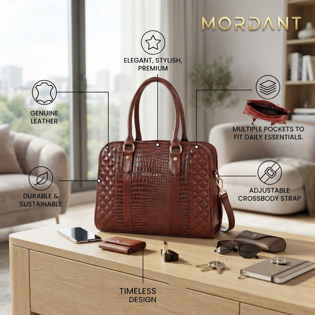 Mordant Brown Executive Genuine Leather Women's Satchel Handbag – Croc & Quilt Edition