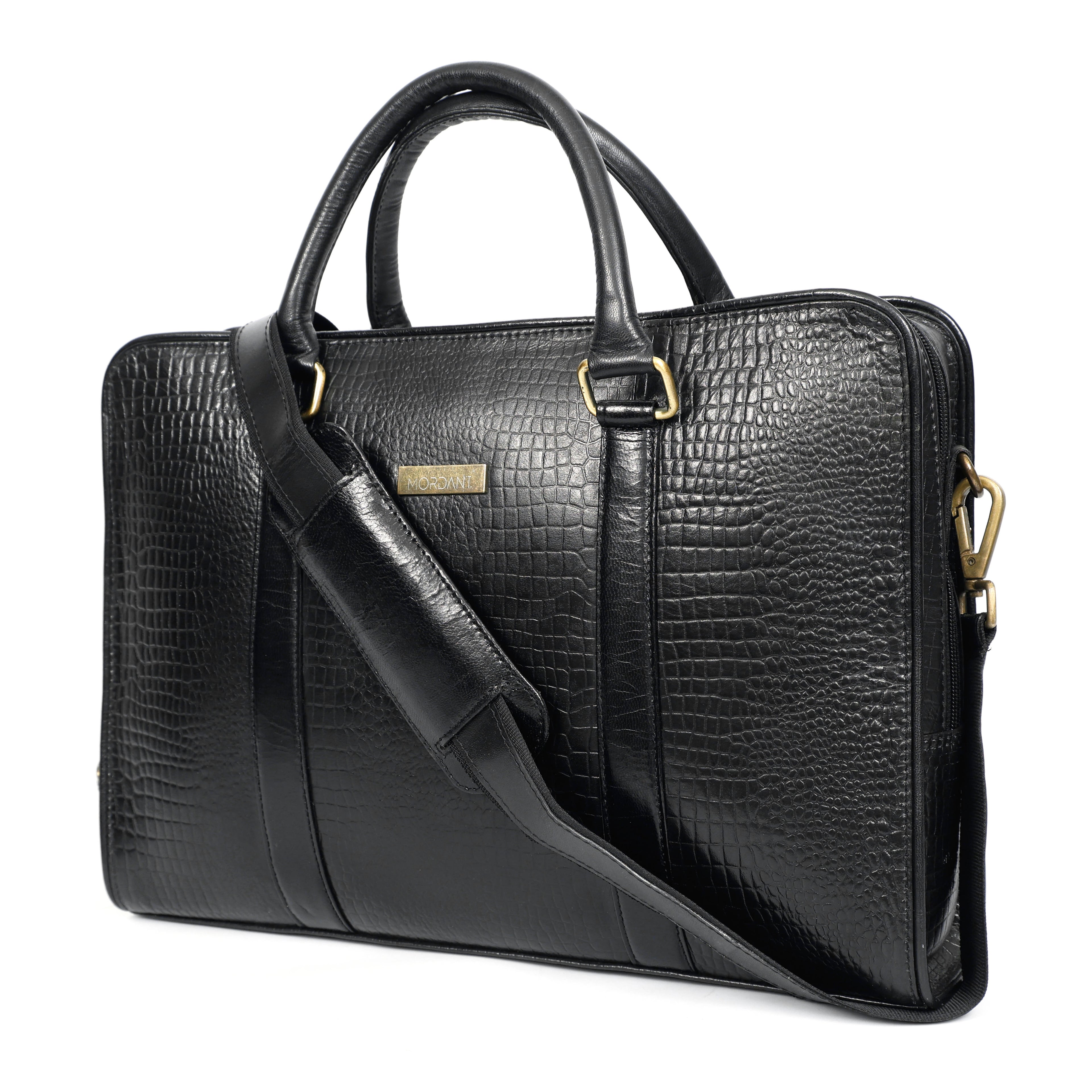 Black Crocodile-Patterned Leather Laptop Bag