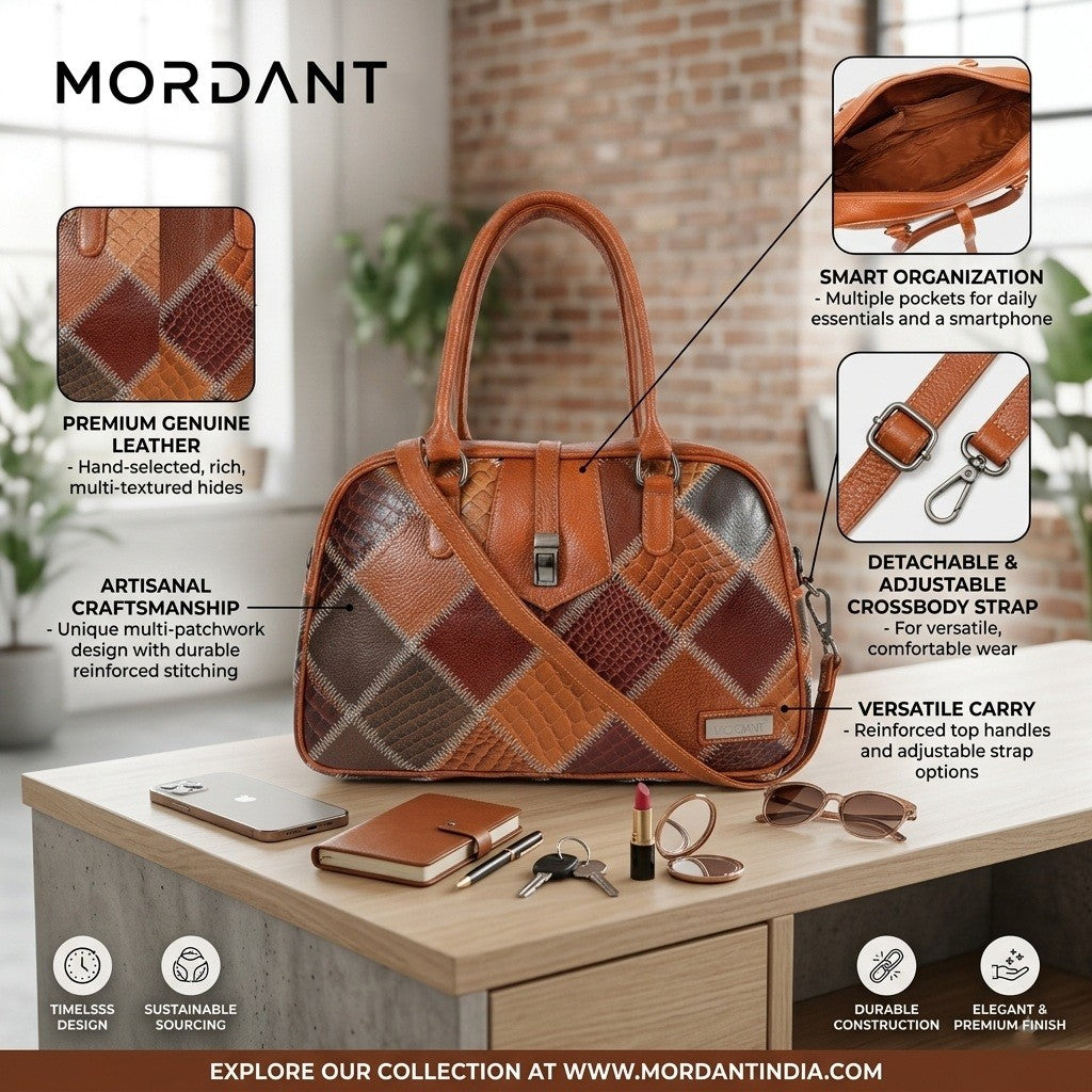 Artisanal Multi-Patchwork Genuine Leather Handbag |Mordant