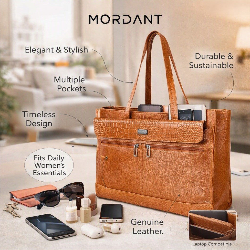 Premium Tan Genuine Leather Laptop Tote Bag for Women | Elegant Croc-Textured Work Handbag | Mordant g