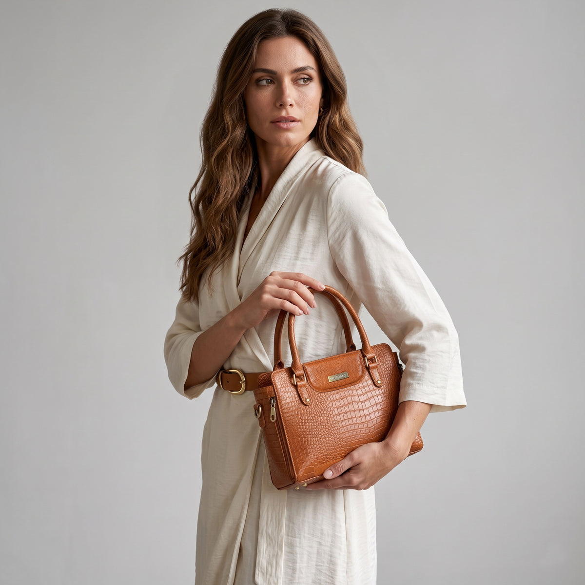 Mordant Tan Croco Embossed Leather Handbag for Women – Structured Tote & Crossbody Bag