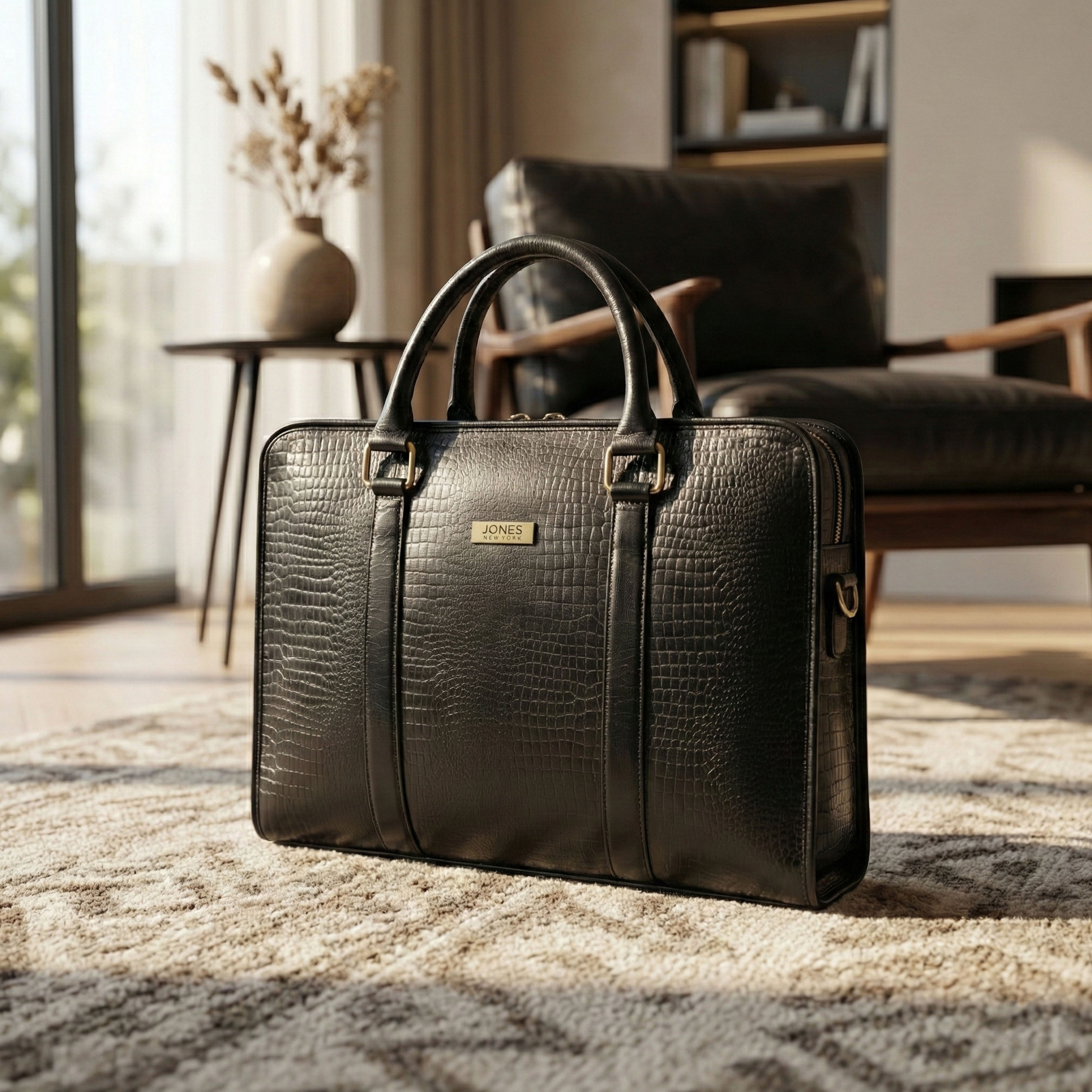 Black Crocodile-Patterned Leather Laptop Bag