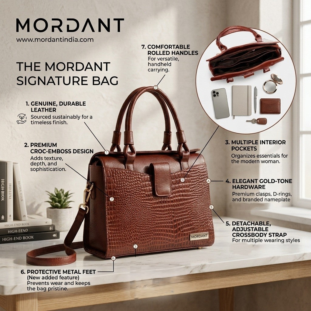 Women’s Brown Crocodile Embossed Leather Handbag | MORDANT