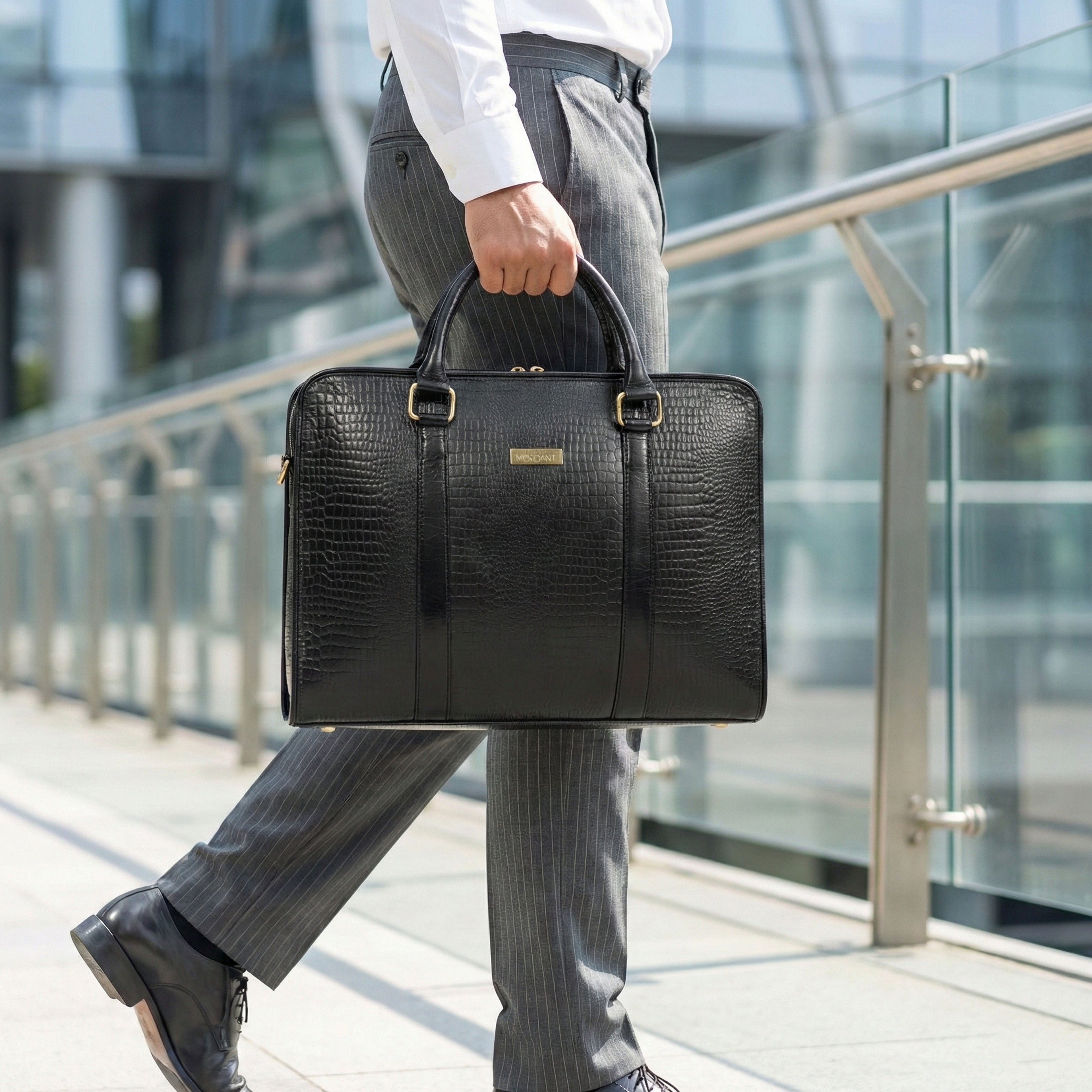 Black Crocodile-Patterned Leather Laptop Bag