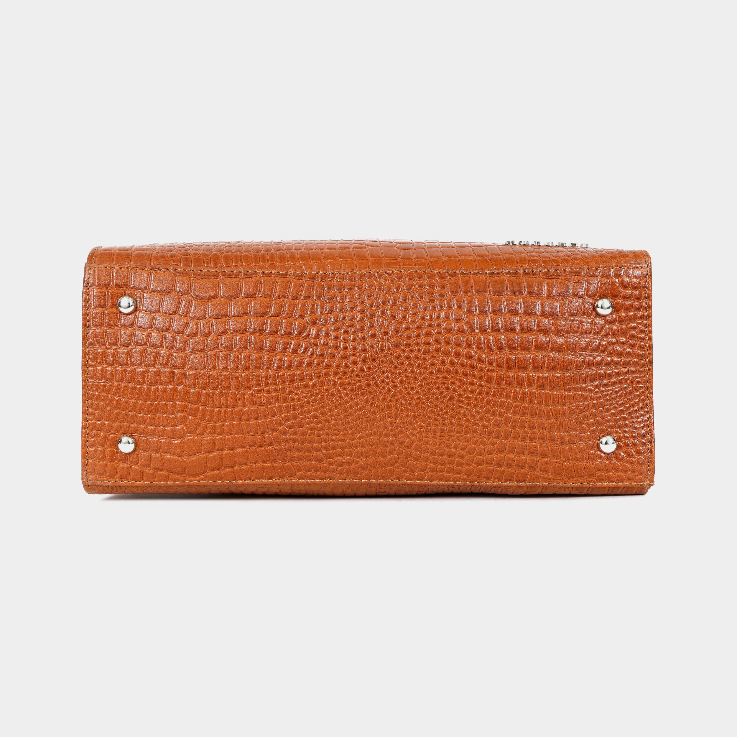 Women’s Tan Crocodile Embossed Leather Handbag | MORDANT