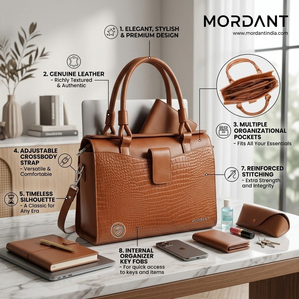 Women’s Tan Crocodile Embossed Leather Handbag | MORDANT
