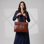Premium Brown Genuine Leather Laptop Tote Bag for Women | Elegant Croc-Textured Work Handbag | Mordant