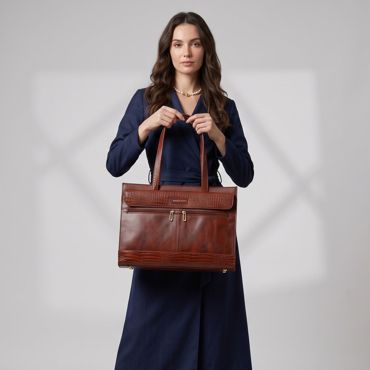 Premium Brown Genuine Leather Laptop Tote Bag for Women | Elegant Croc-Textured Work Handbag | Mordant