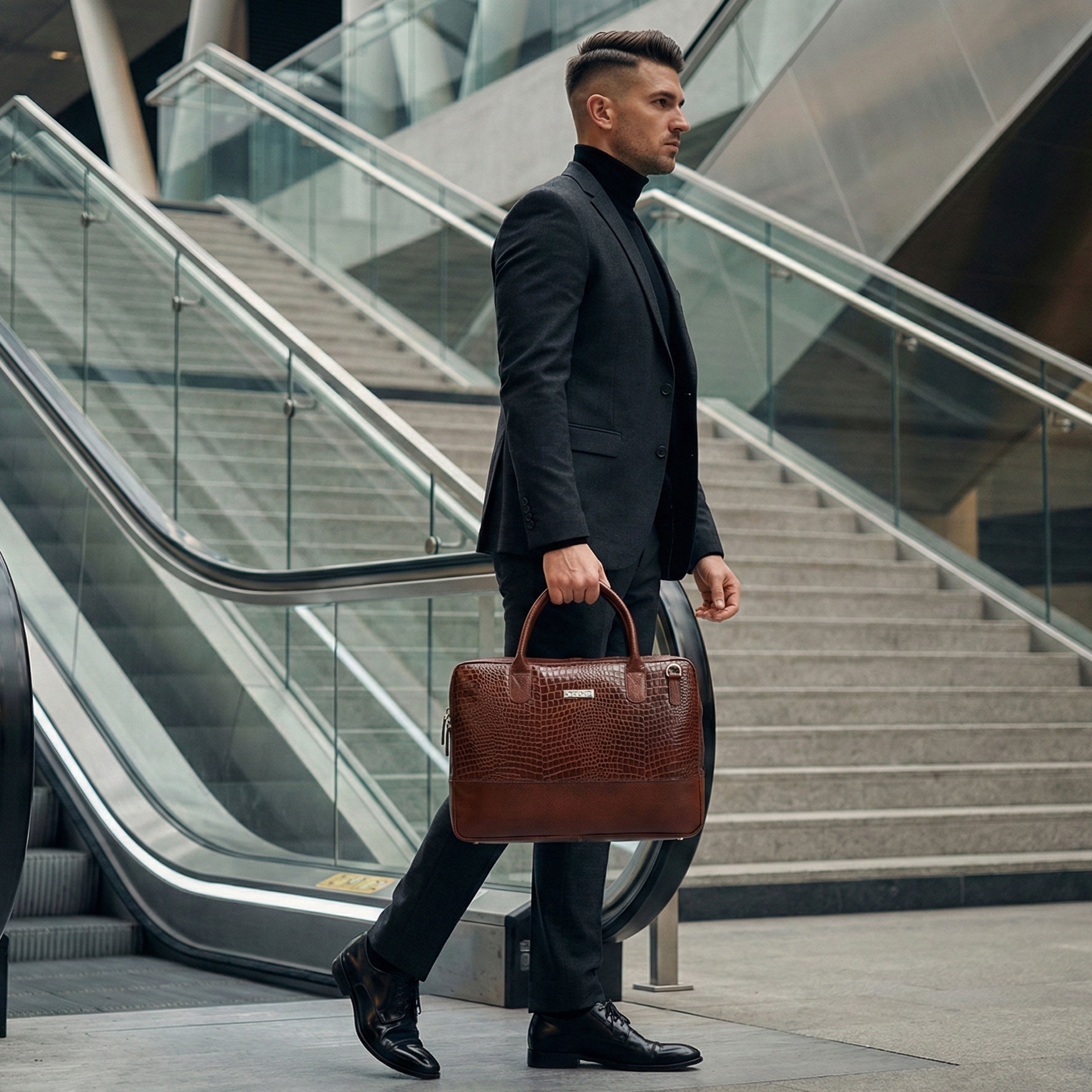 Brown Crocodile-Patterned Leather Laptop Bag