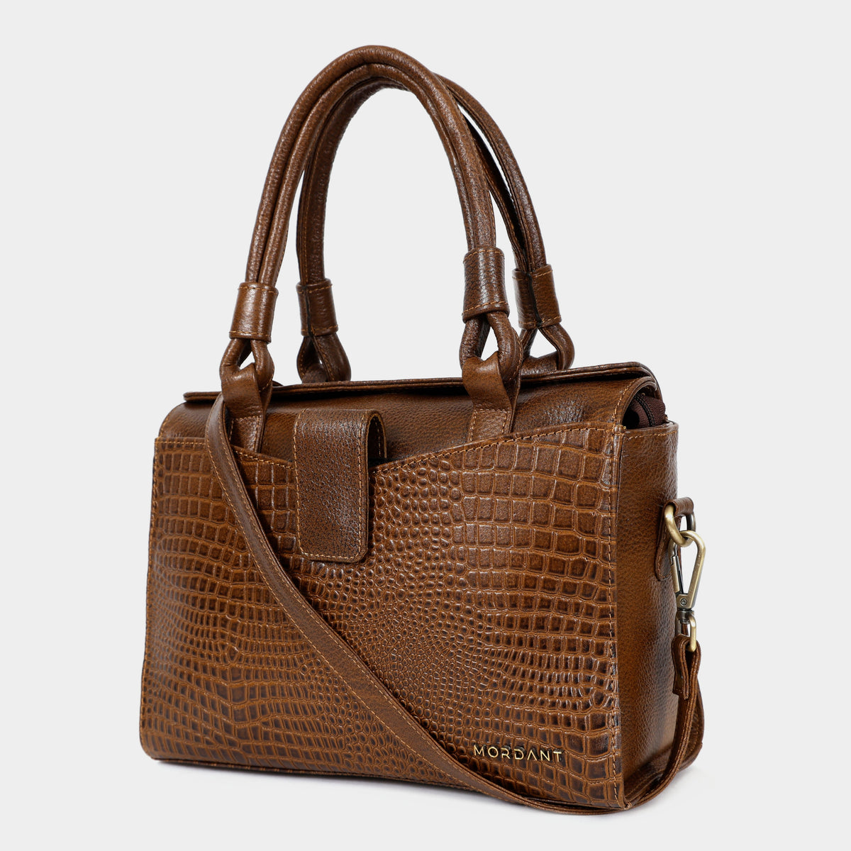 Women’s Walnut Brown Crocodile Embossed Leather Handbag | MORDANT