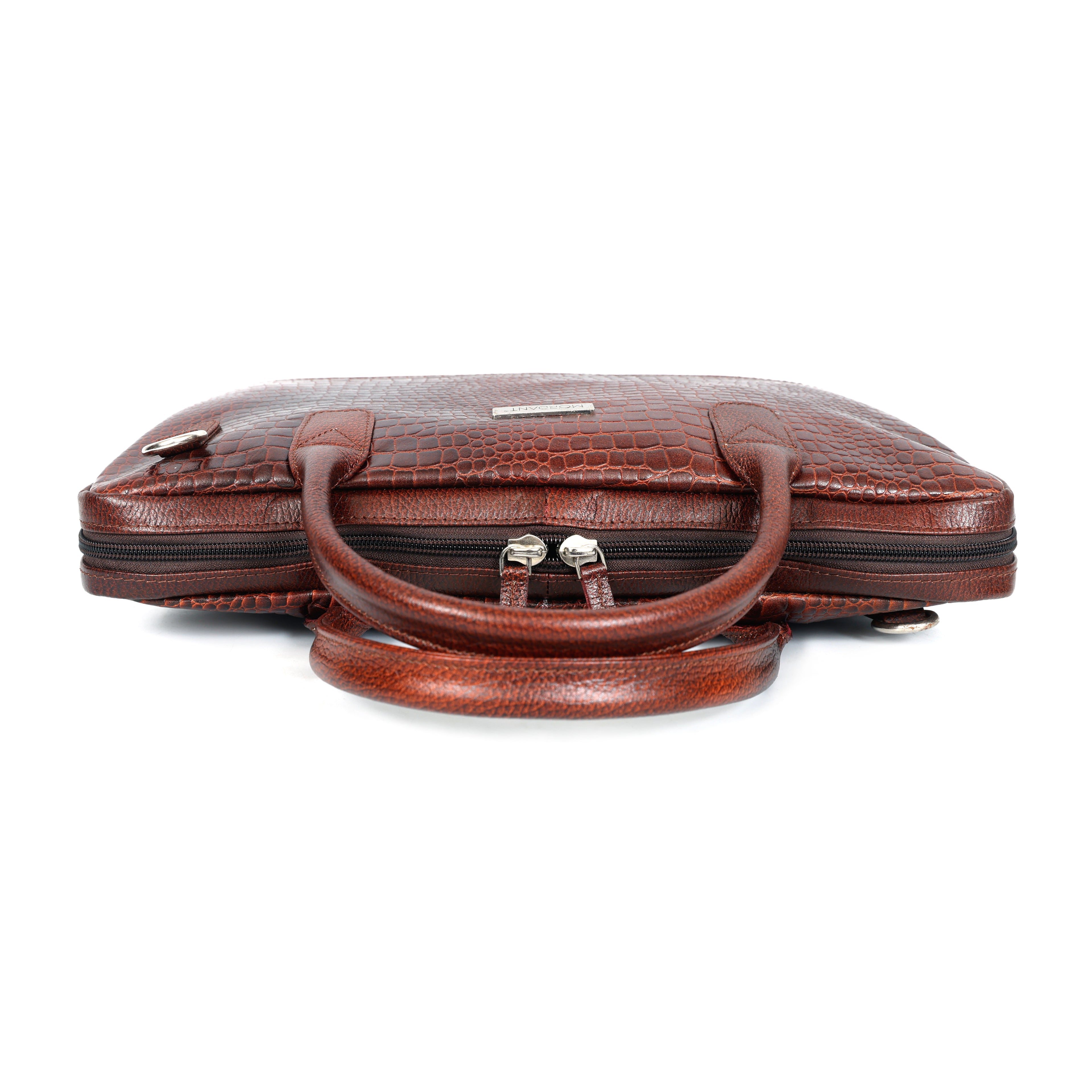 Brown Crocodile-Patterned Leather Laptop Bag