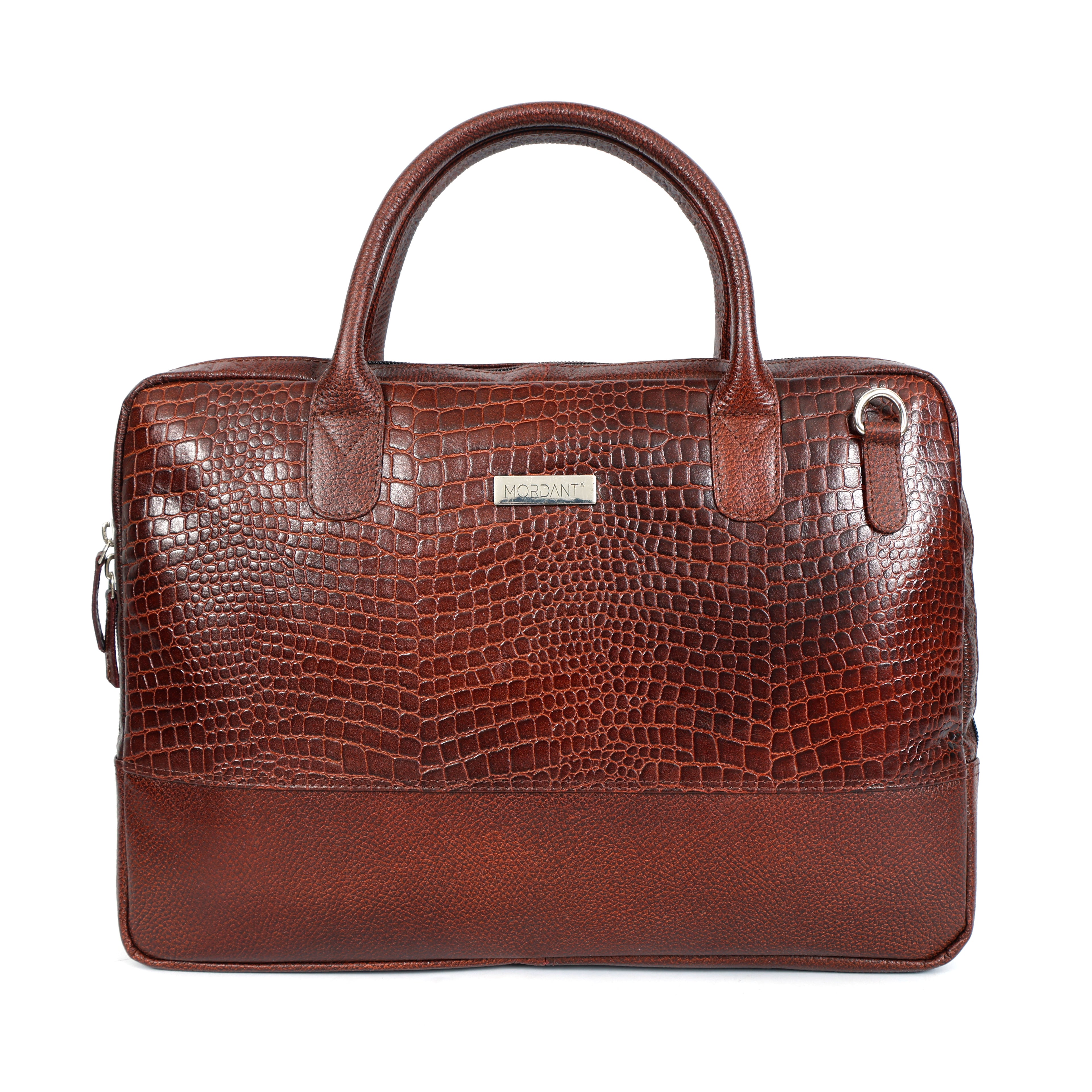 Brown Crocodile-Patterned Leather Laptop Bag